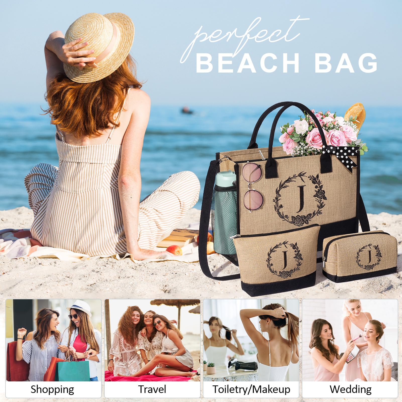 Personalized Valentines Day Gifts For Women Tote Bag, Initial Jute Tote Bag & Makeup Bags Monogrammed Beach Bag W/ Zipper, Birth