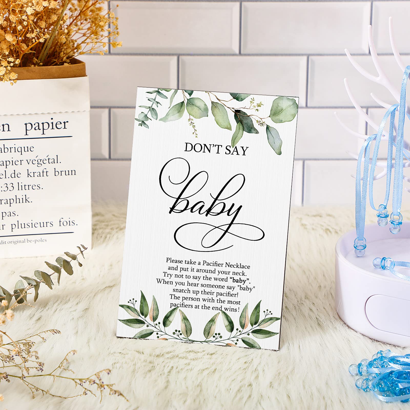 51 Pcs Don'T Say Baby Game Sign Cool Baby Shower Game 50 Baby Shower Pacifier Necklace Wooden Don'T Say Baby Sign Plastic Baby P