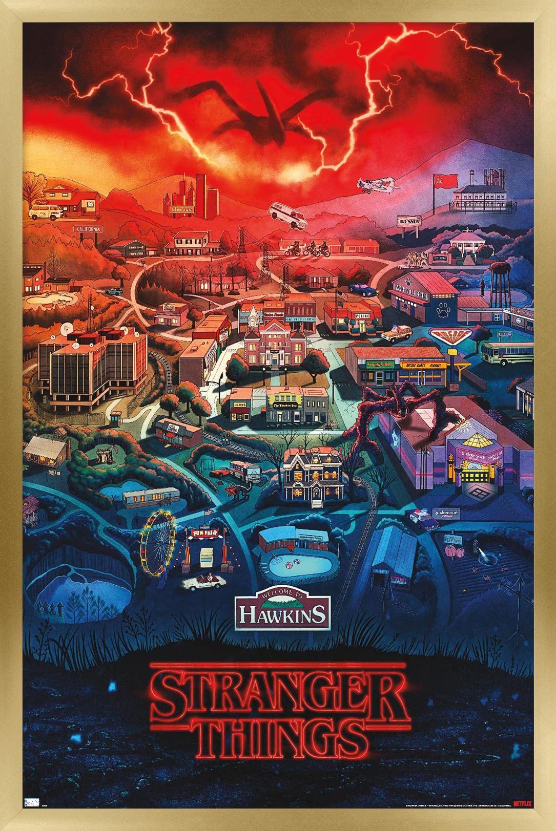 Trends International Netflix Stranger Things: Season 4 - Hawkins, Indiana Wall Poster, 14.725'' X 22.375'', Gold Framed Version