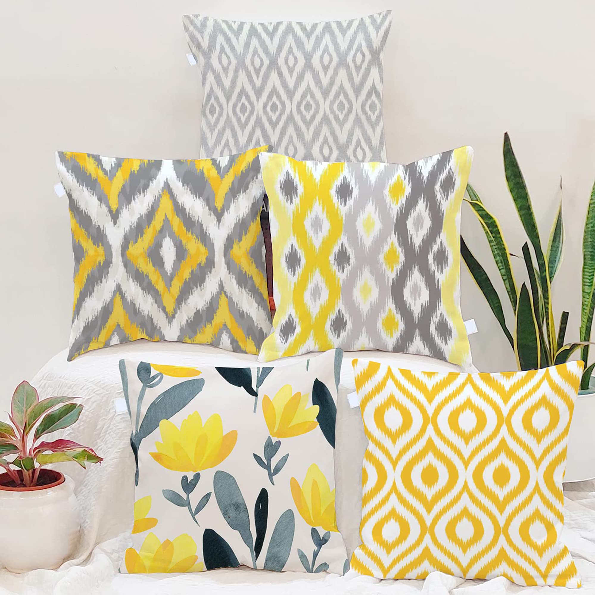 Amazon Brand - Umi Ikat Yellow-Grey Design Printed Polycotton Cushion Covers | Decorative Square Throw Pillow Cases For Sofa, Li
