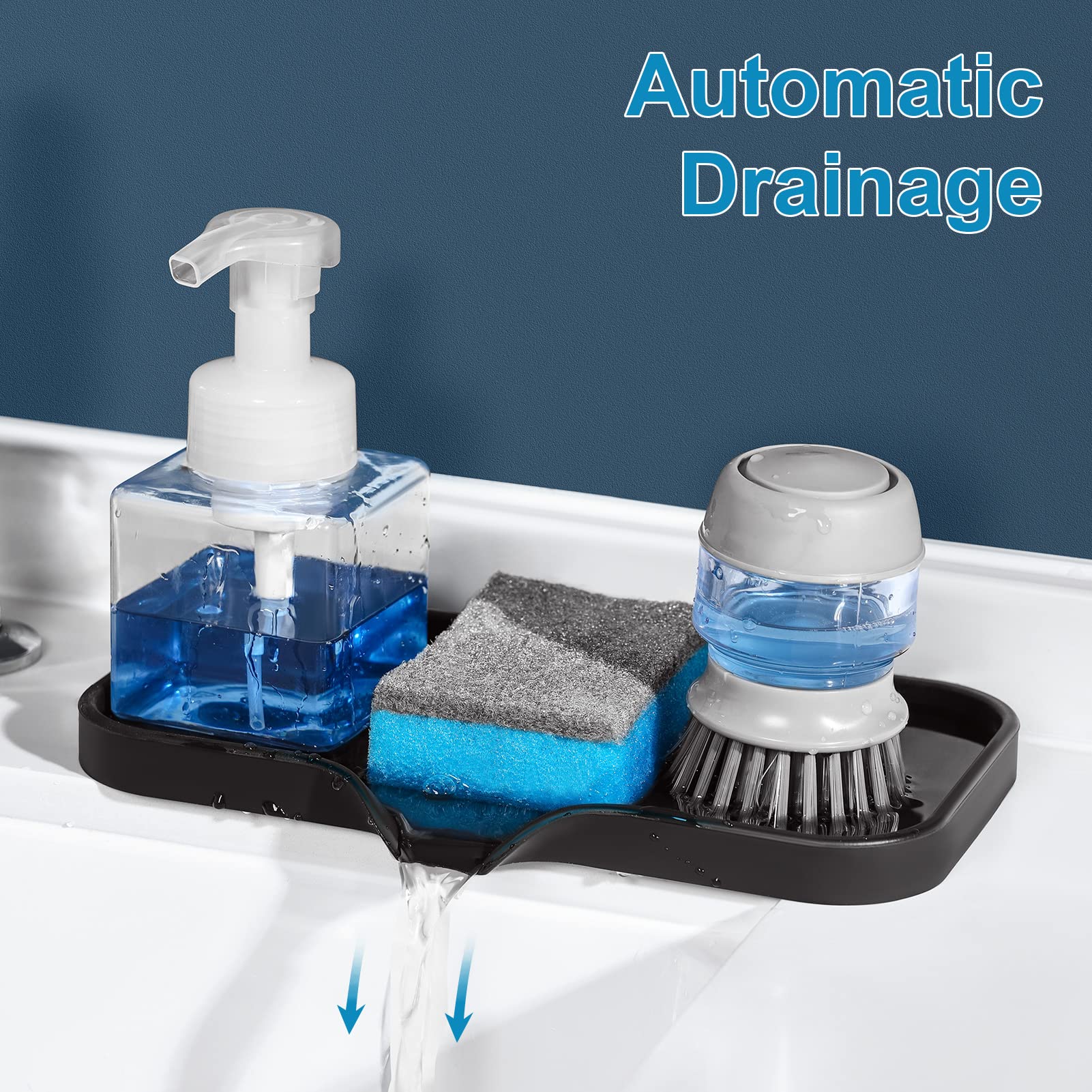 SUBEKYU Silicone Kitchen Soap Tray  Sink Tray for Kitchen Counter/Soap Bottles  Sponge Holder and Organizer with Drain Spout  Black  [Size: 9.5 x 5 inch]