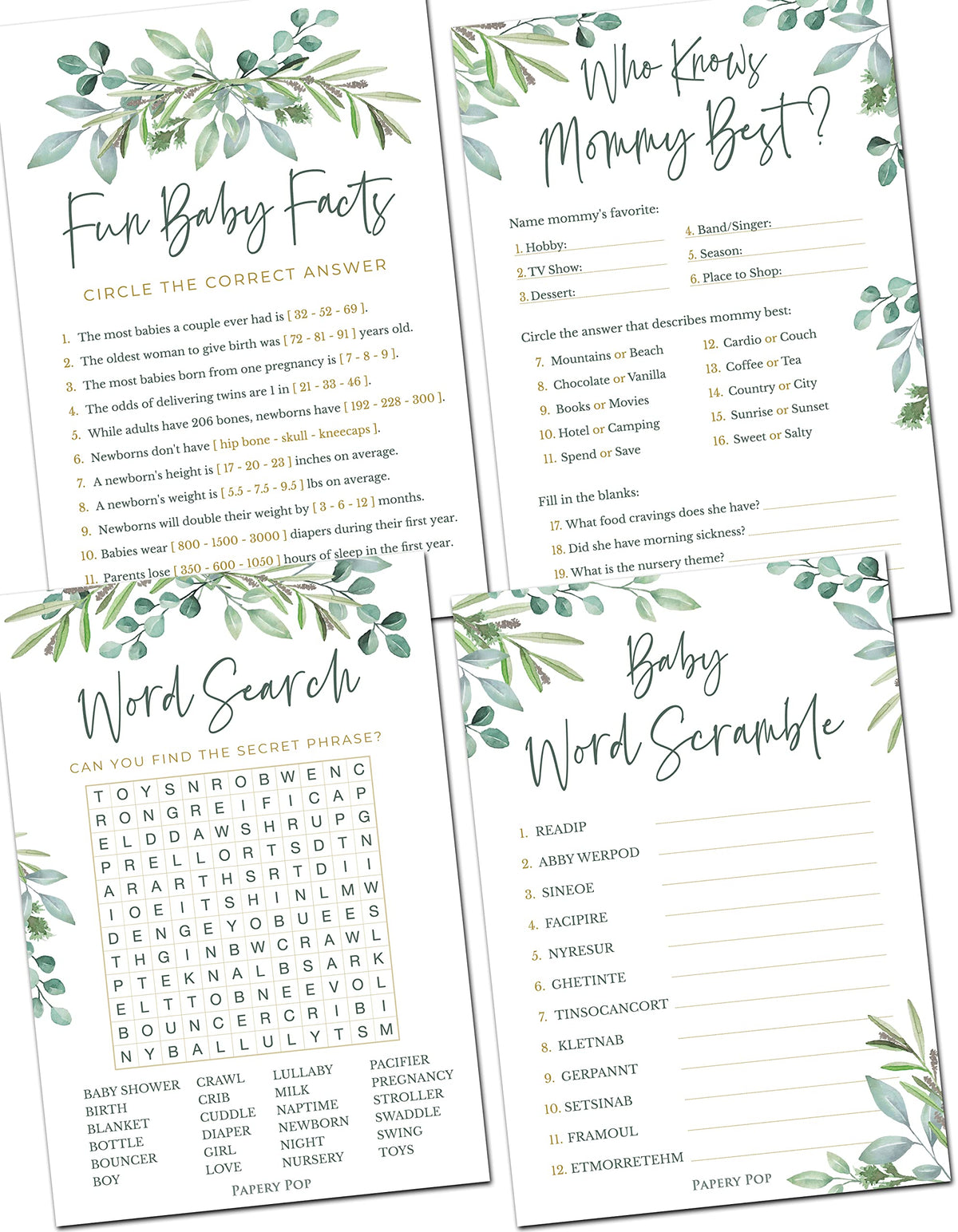 Baby Shower Games For Boy Or Girl - Set Of 4 Games For 30 Guests - Double Sided Cards - Floral Greenery Eucalyptus Flowers
