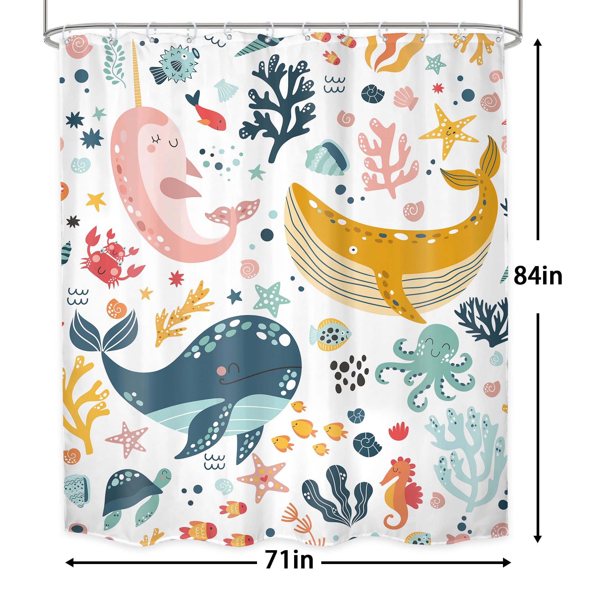 Lghtyro Kids Whale Shower Curtain Bathroom Set 71Wx84H Inches Extra Long Funny Cute Cartoon Fish Ocean Sealife Underwater Coral