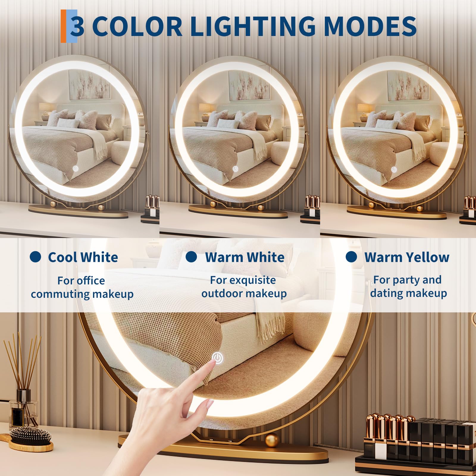 Garveehome 19 Inch Vanity Mirror With Lights, Round Large Led Vanity Mirror With Smart Touch 3 Colors Dimmable, Touch Lighting,