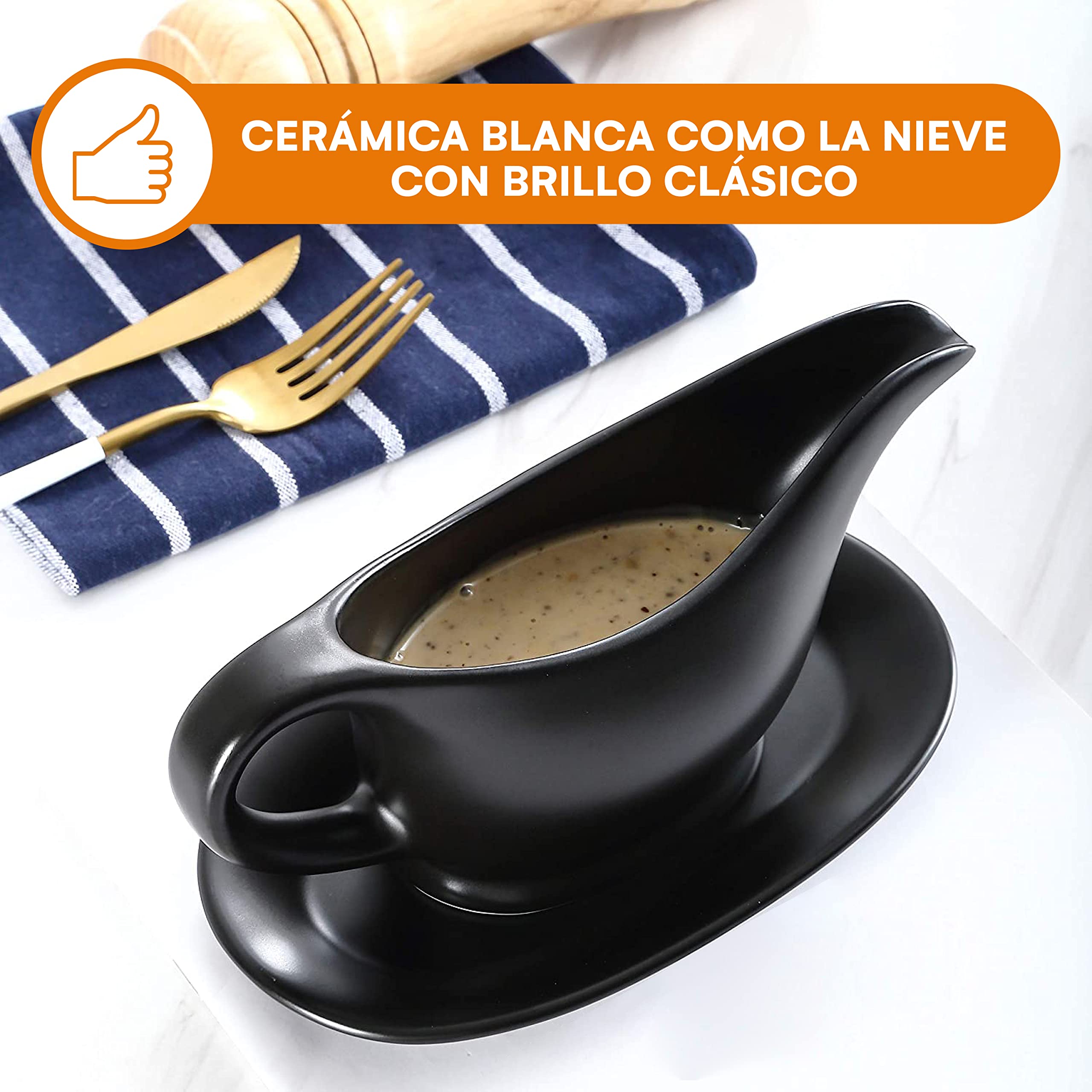 Bruntmor 11 Oz Black Ceramic Gravy Boat With Tray, 11 Ounce Small Ceramic Serving Dish, Dispenser With Tray For Sauces, Dressing