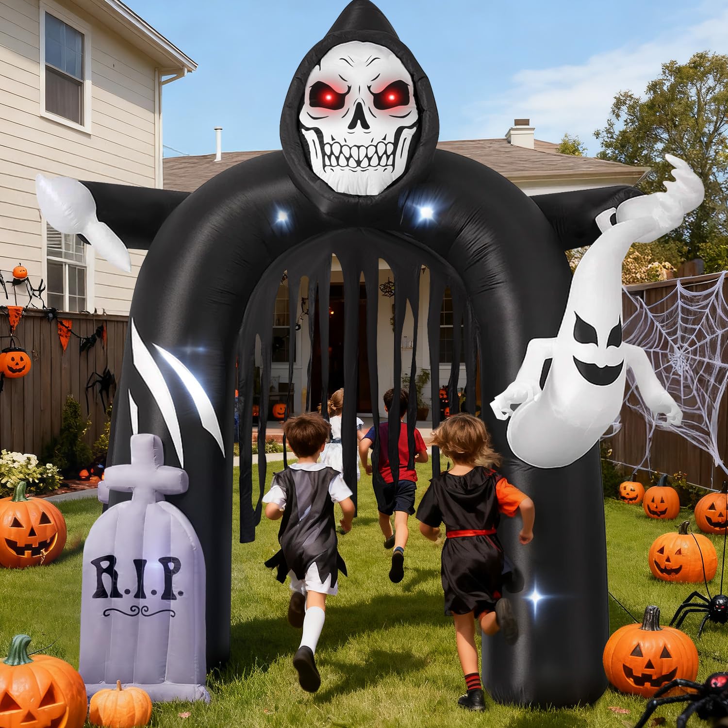 GVDV 10FT Halloween Inflatables Outdoor Decorations, Lighted Blow Up Archway with Ghosts, Pumpkins & LED Lights, Spooky Yard Law