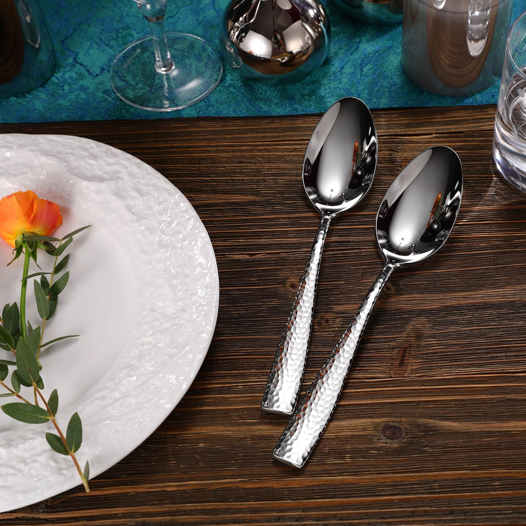 Keawell Premium Louis Hammered Serving Spoons, 18/10 Stainless Steel, Fine Spoon Set With Squared Edge, Dishwasher Safe, Silver