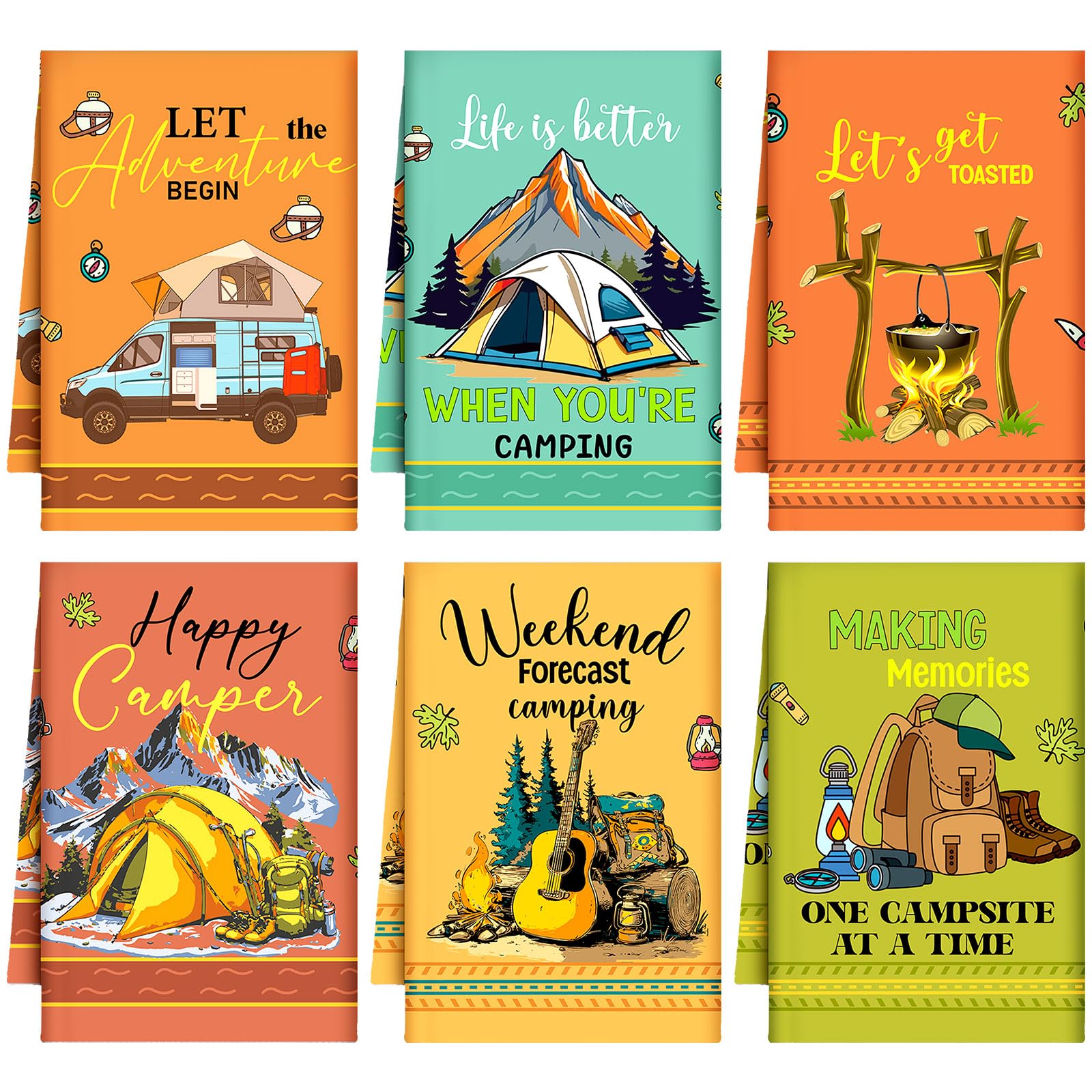 Boyiee Set of 6 Camping Kitchen Towels Absorbent Dishcloths Bonfire Tent Car Tea Towels 24 x 16 Inches with Funny Sayings Novelt