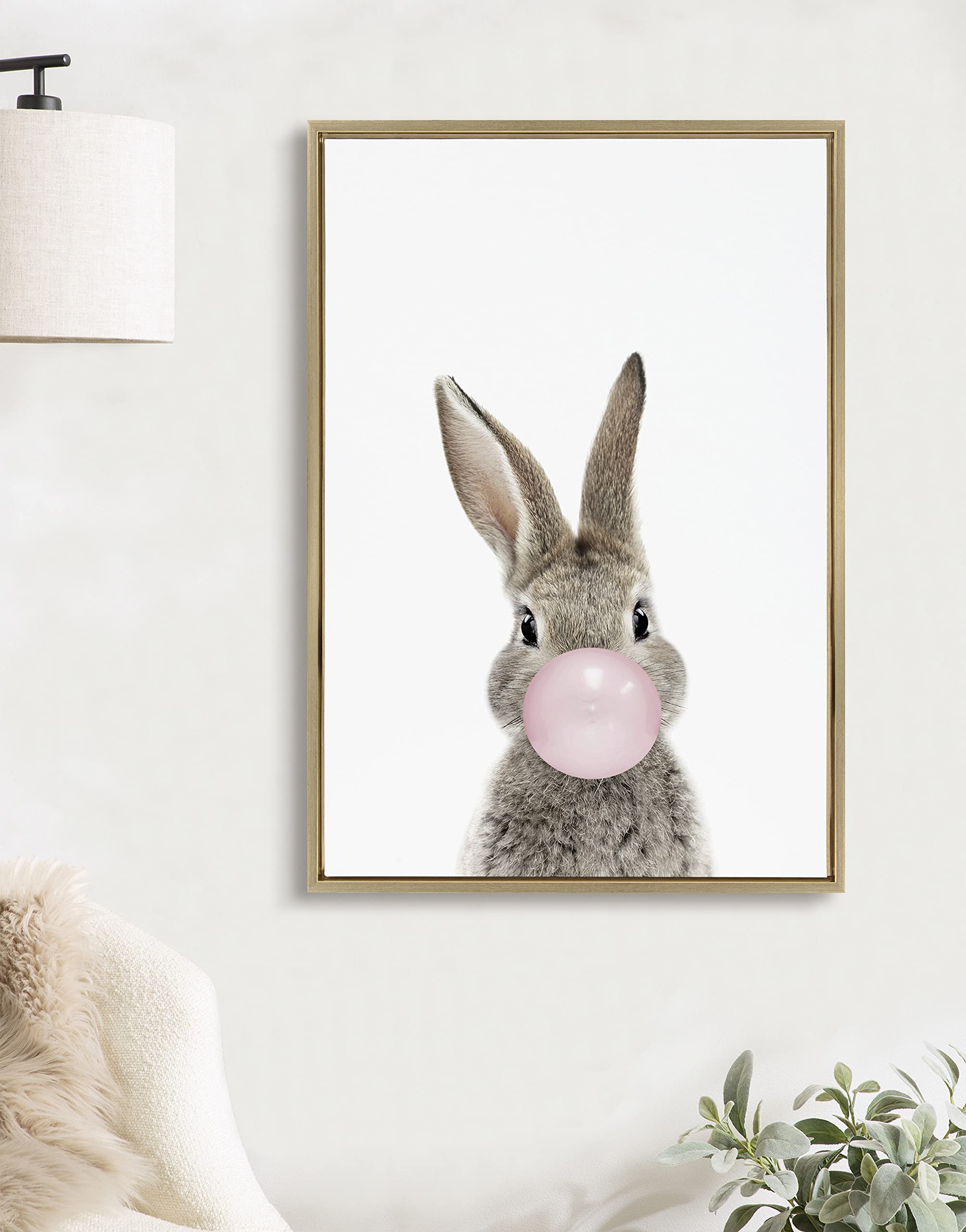 Kate And Laurel Sylvie Bubble Gum Bunny Framed Canvas Wall Art By Amy Peterson Art Studio, 23X33 Gold, Decorative Animal Art For