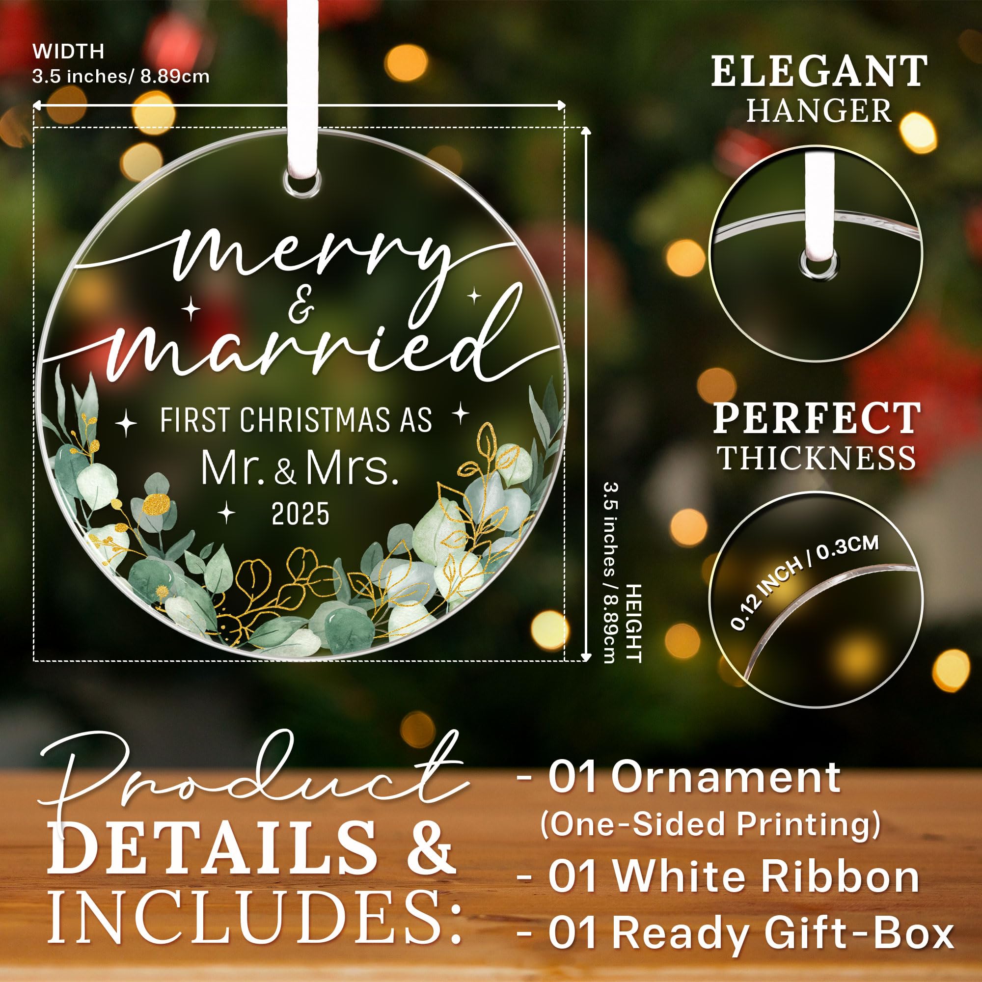 HEXMOZ First Christmas Married Ornament 2025 - Wedding Gifts for Couples 2025 - Just Married, Mr and Mrs Gifts for Newlyweds - B