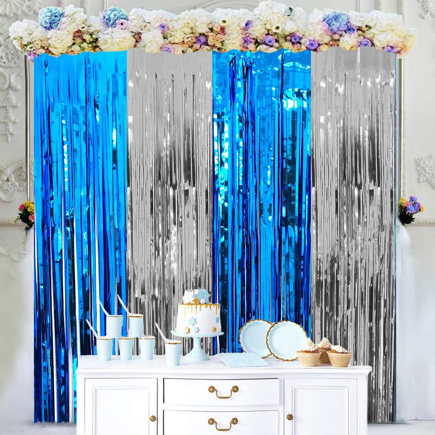 Zyozique Blue and Silver Metallic Tinsel Foil Fringe Curtains Photo Booth Props for Birthday Wedding Engagement Bridal Shower Ba