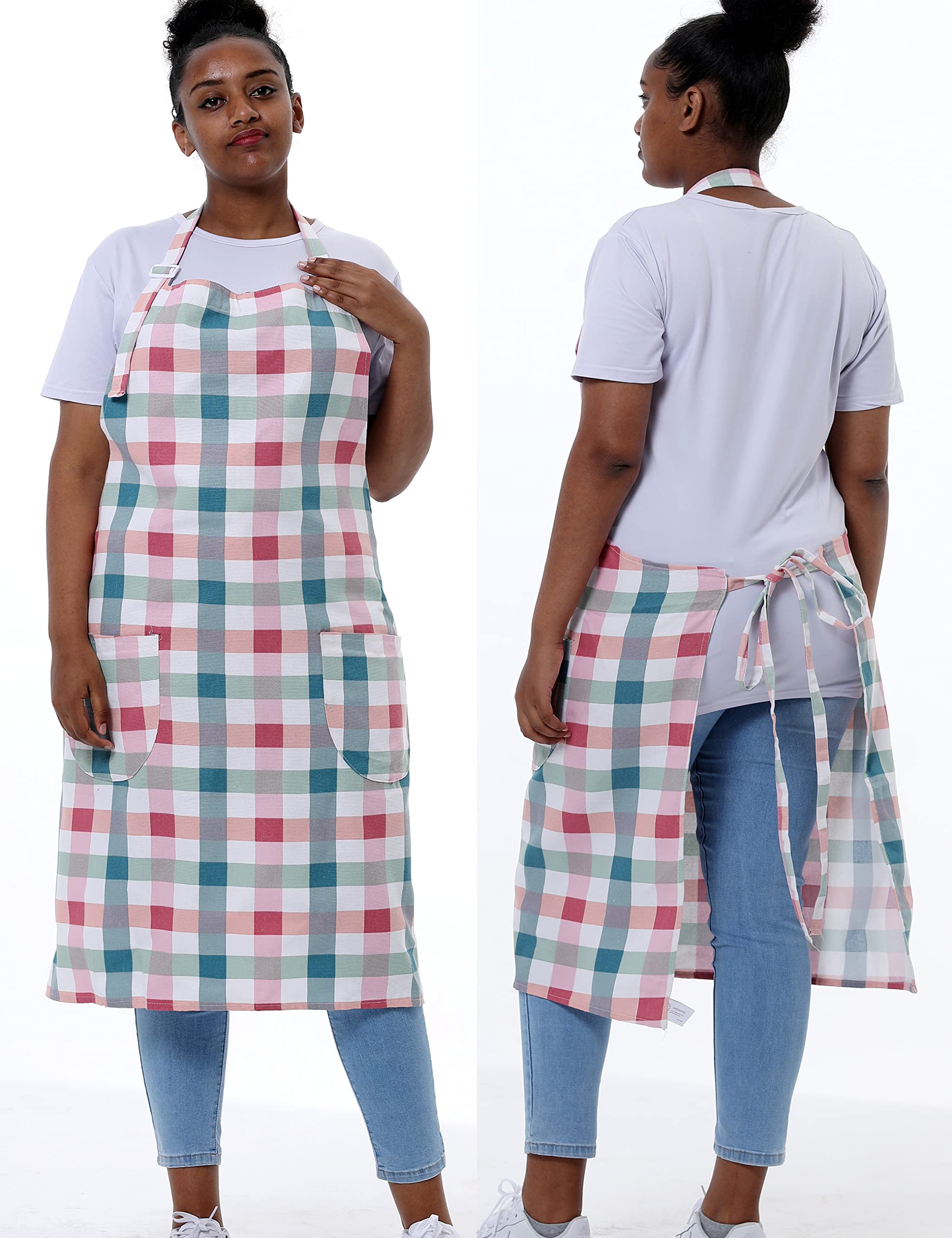 Cotton Linen Baking Plus Size Aprons For Women With Pockets Kitchen Cooking Pink Grid