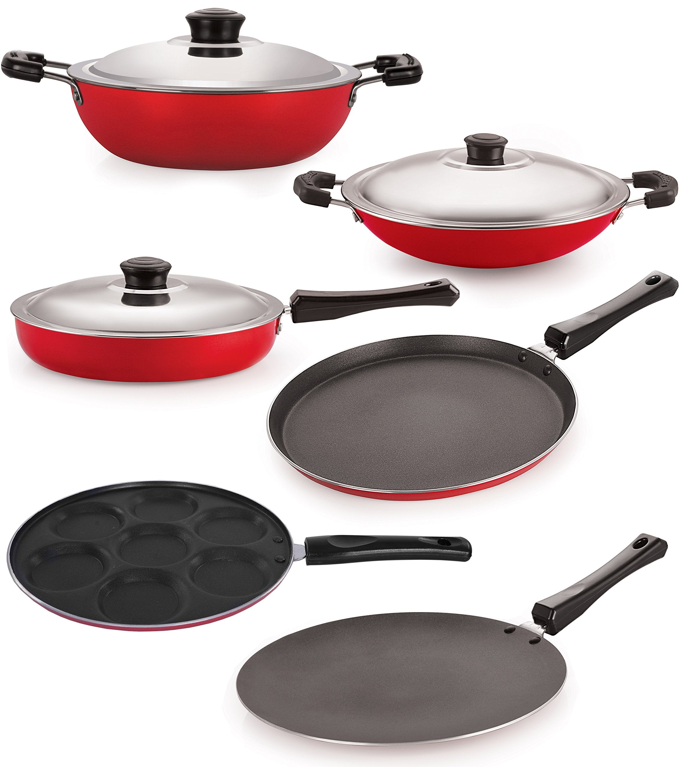 Nirlon NonStick Aluminium Cookware Set, 6Pieces, Red (26Ft12Ctfp12Dkdmacup)