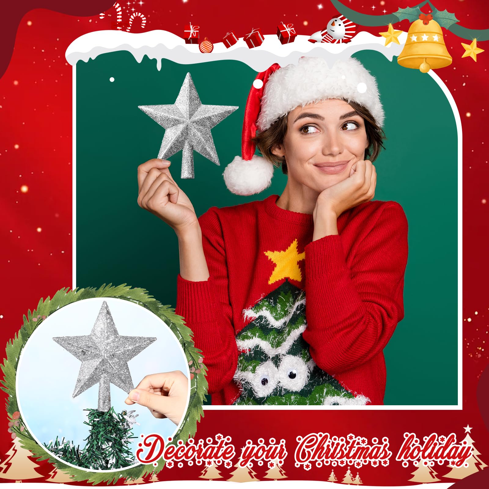 Hanaive 6 Inches Christmas Tree Topper Glitter Star Tree Topper Christmas Tree Decoration Treetop Decorative Star Ornaments for