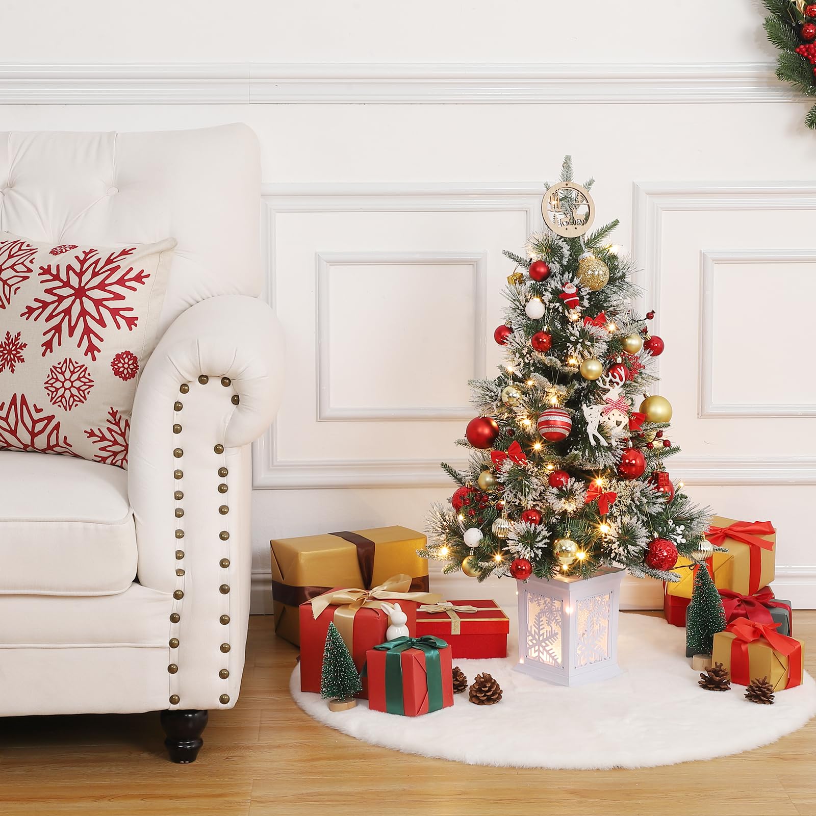 3 ft Pre Lit Fiber Optic Artificial Tree with 78 Pcs Warm White Led Lights, Tabletop Artificial Christmas Tree with Snowflake Ba