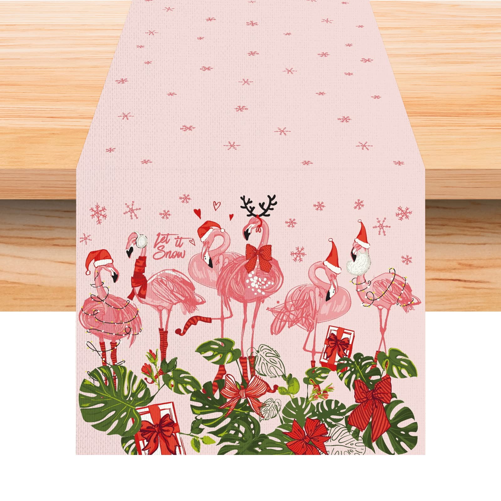 Linen Pink Hawaiian Tropical Flamingo Christmas Table Runner 72 Inches Long Hawaii Beach Christmas Xmas Winter Holiday Home Kitc