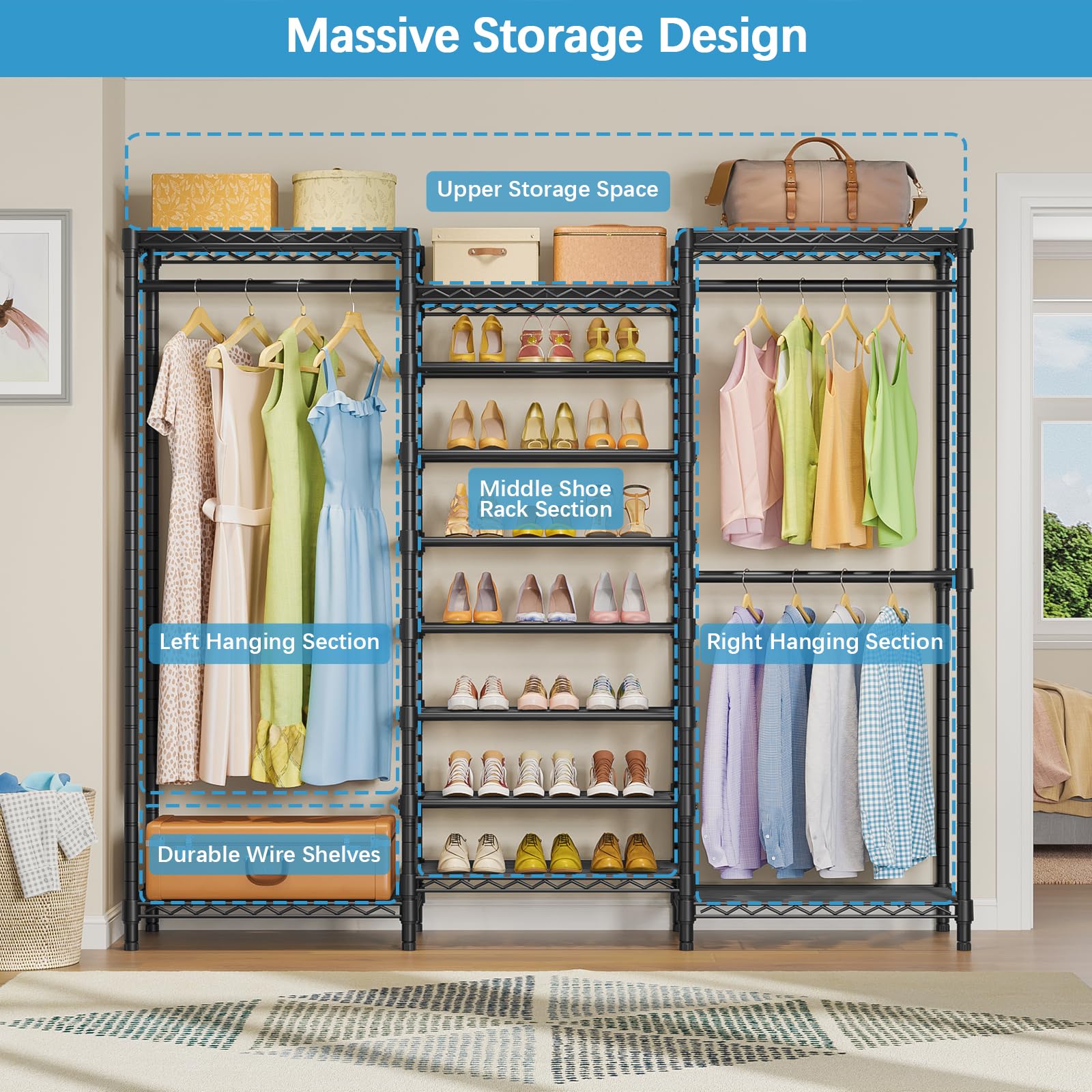 Vipek S3 Heavy Duty Garment Rack Freestanding Clothes Rack Closet Storage Organizer Large Wardrobe With 6-Tier Shoe Rack, Hangin