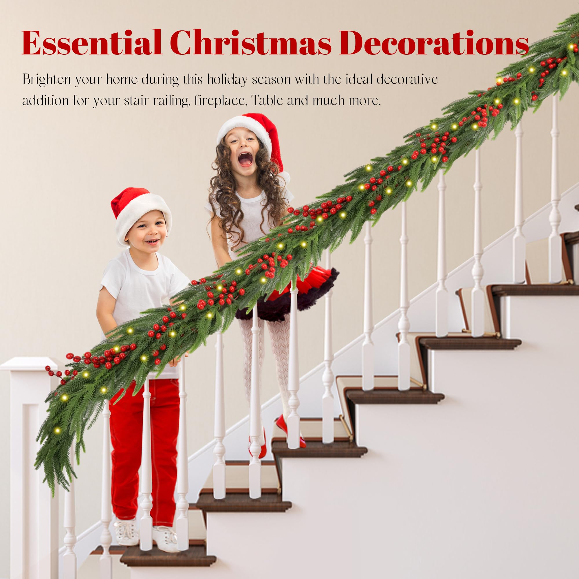 Christmas Norfolk Pine Garland 2PCS 9FT,Real Touch Faux Winter Greenery Garland with Light for Stairs Table Fireplace Backdrop W