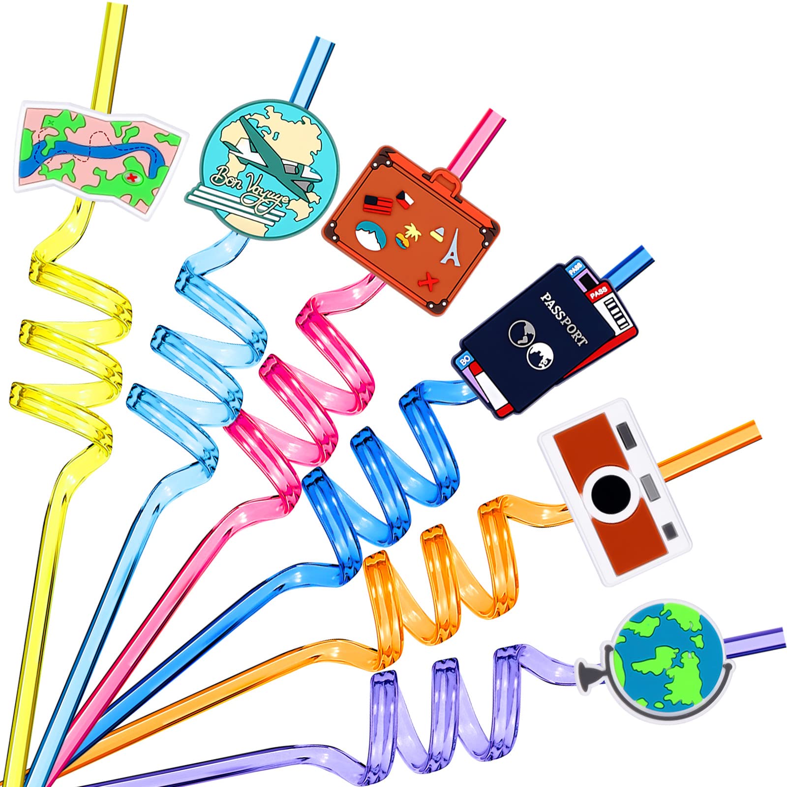 24 Pcs Travel Themed Party Favors Supplies Plastic Drinking Straws, Adventure Awaits Bon Voyage Birthday Party Supplies, Colorfu