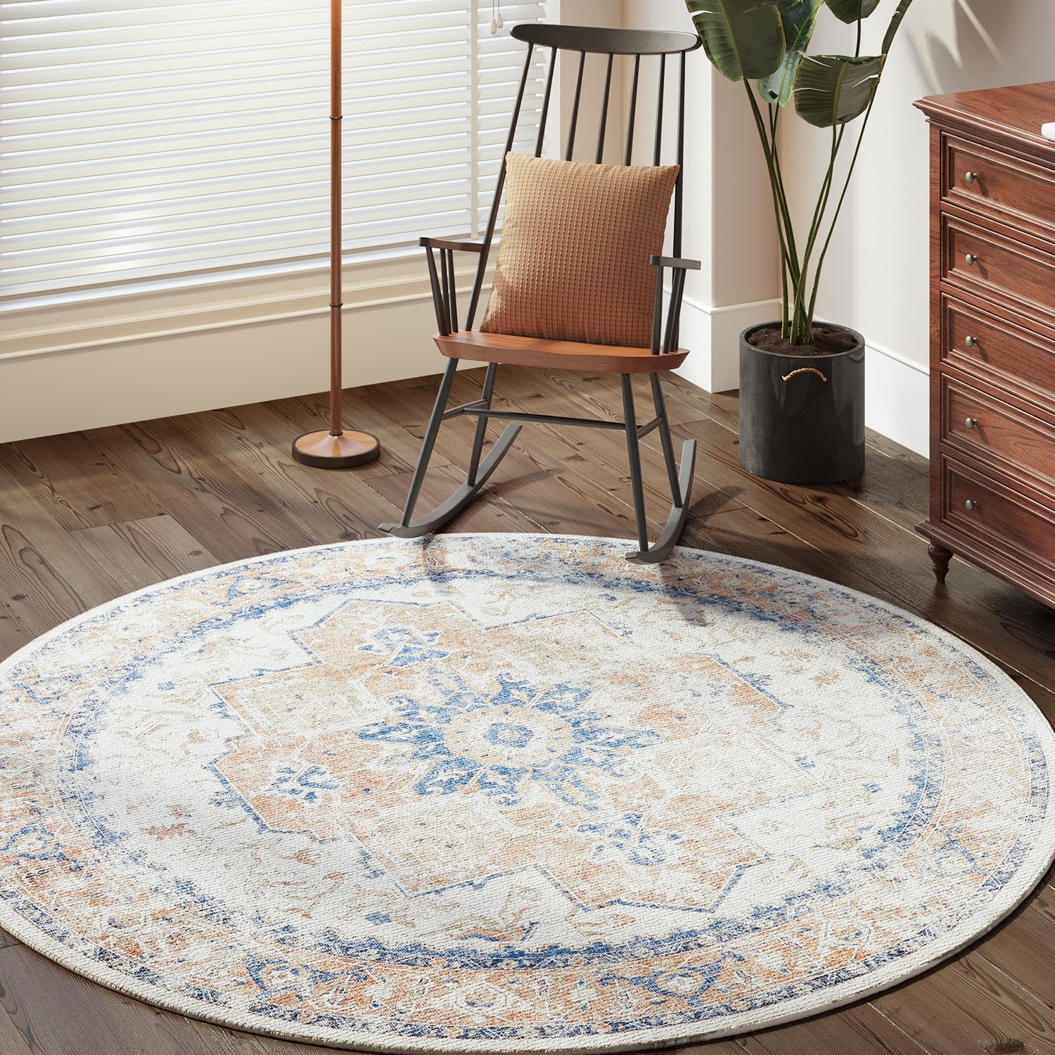 JIANCHAN Round Rug 6ft Washable Rug Area Rug Vintage Rug Indoor Floor Distressed Orange Multi Chenille Carpet Circle Rug 6 Roun