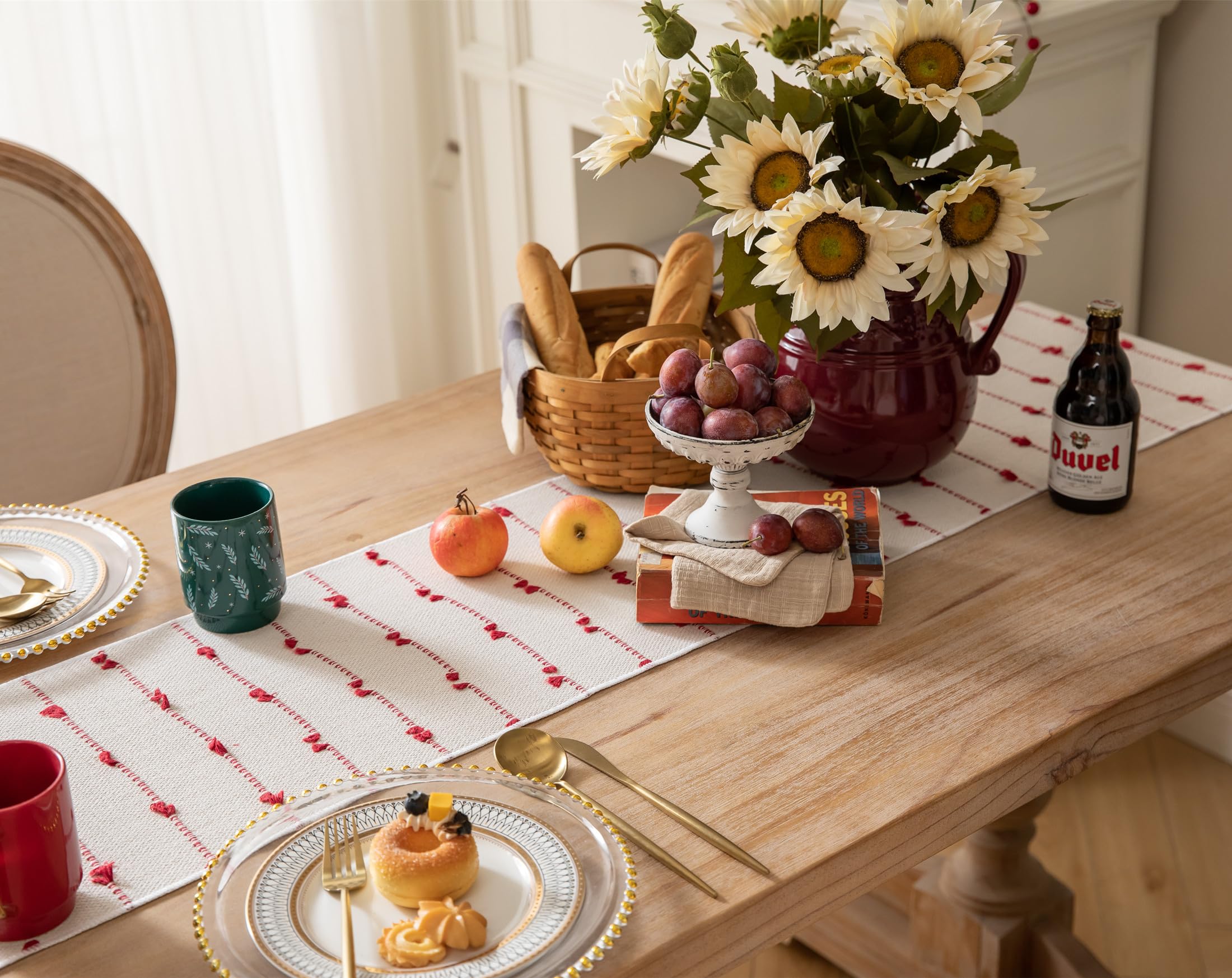 Caflife Christmas Table Runner 108 Inchs Long for Modern Farmhouse Room Home Christmas Decorations, Boho Red Table Runner, Natur