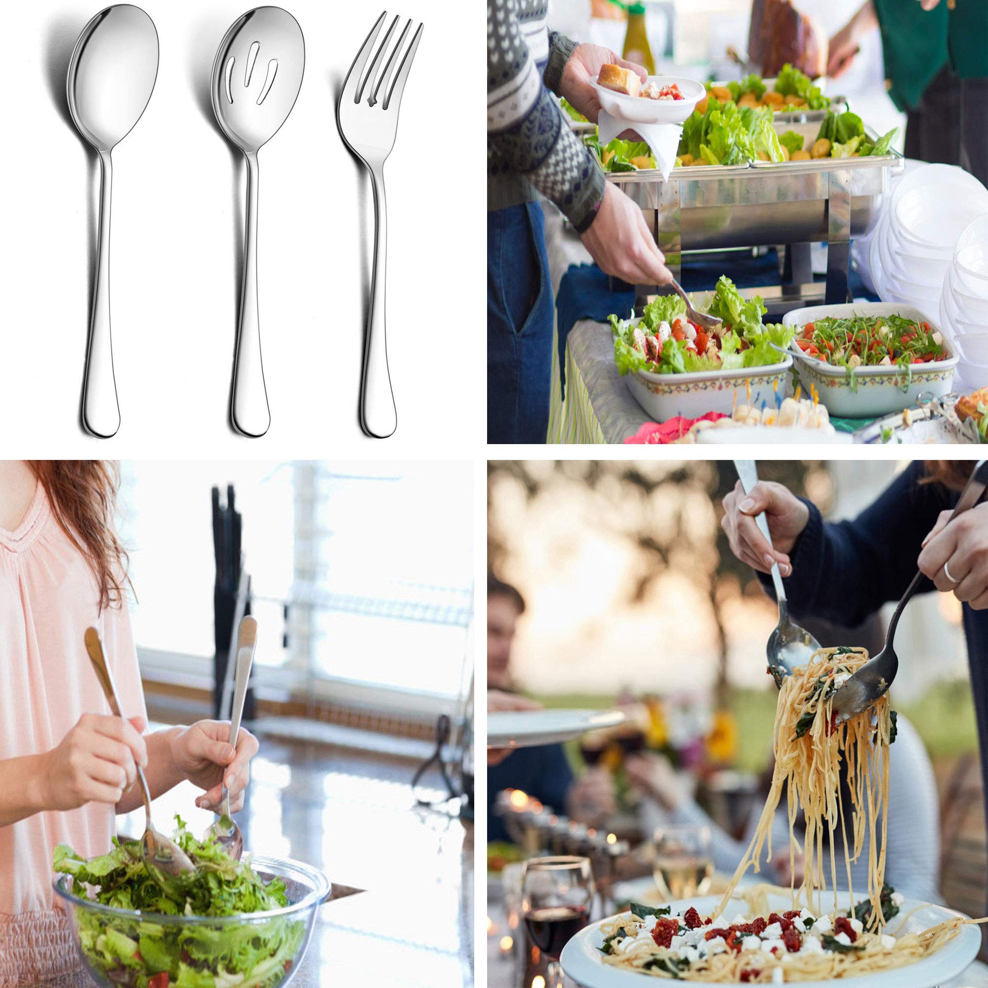 Lianyu Large Serving Spoons And Forks Set Of 12, Stainless Steel Buffet Catering Dinner Party Slotted Serving Spoon Fork, 9.8 In