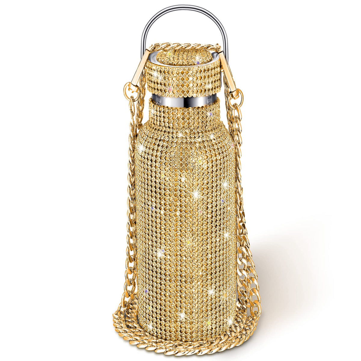 Diamond Water Bottle Bling Rhinestone Stainless Steel Thermal Refillable Insulated Glitter With Chain For Women Girls Gifts (Gol