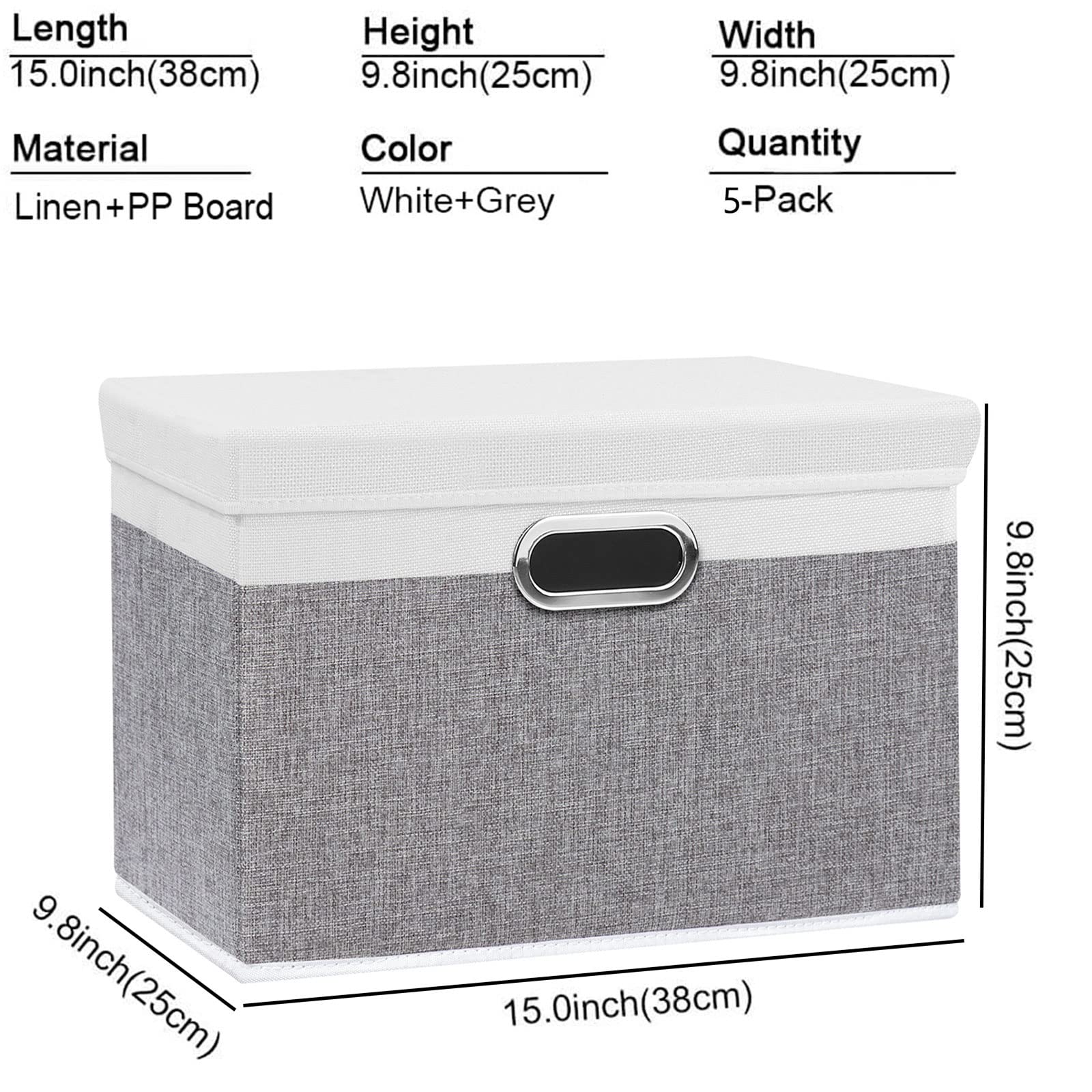 Yawinhe Collapsible Storage Box (5-Pack) 15x9.8x9.8in Waterproof Storage Basket Bins  with Lids and 2 Handles  for Clothes  Closet Organizers and Storage Containers  White/Gray  USNK066WGL-5