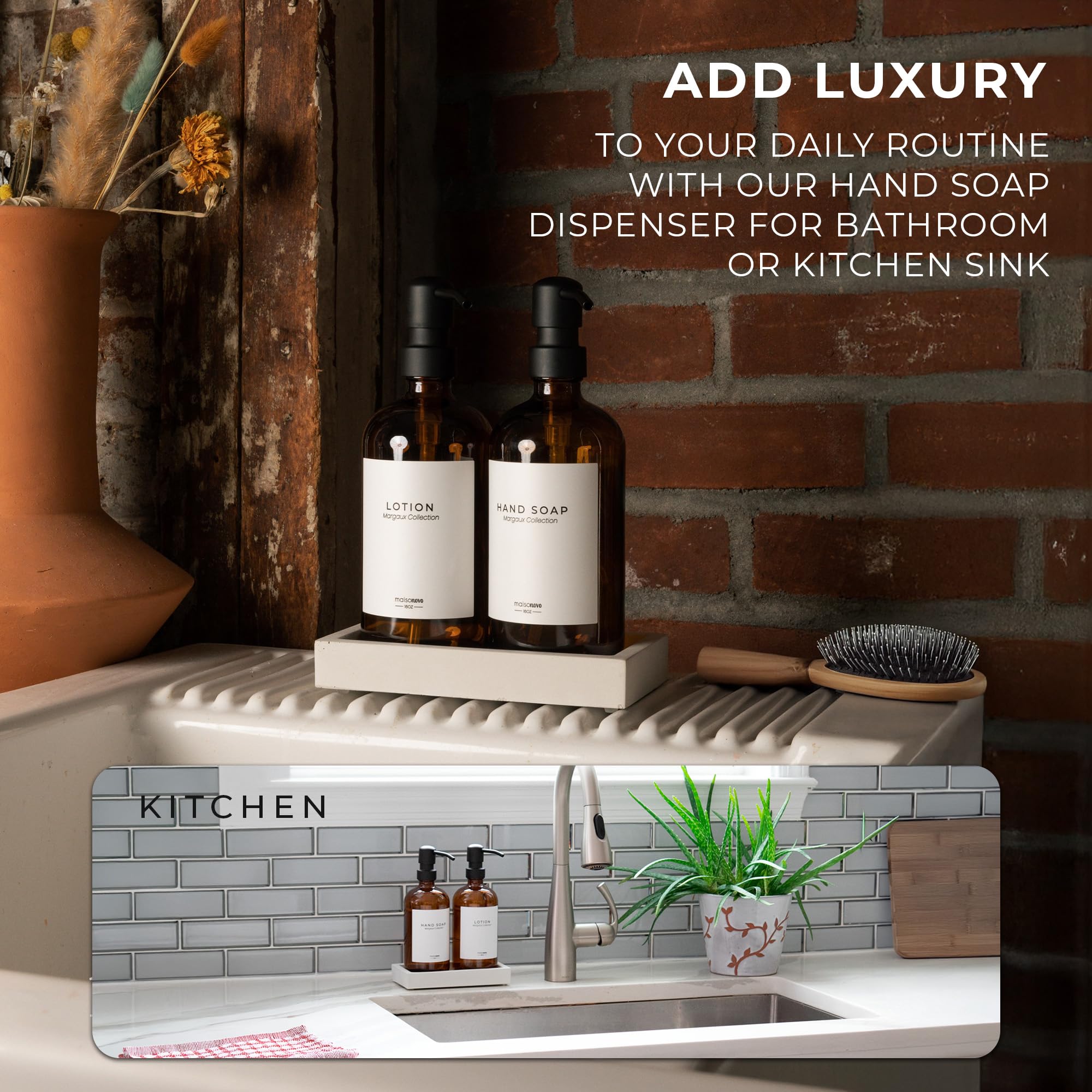 MaisoNovo Glass Soap Dispenser with Pump | Bathroom and Kitchen Vintage Dispenser Set with Dish Soap  Hand Soap  Lotion Waterproof Labels | Amber Bottles Black Pumps - Set of 2