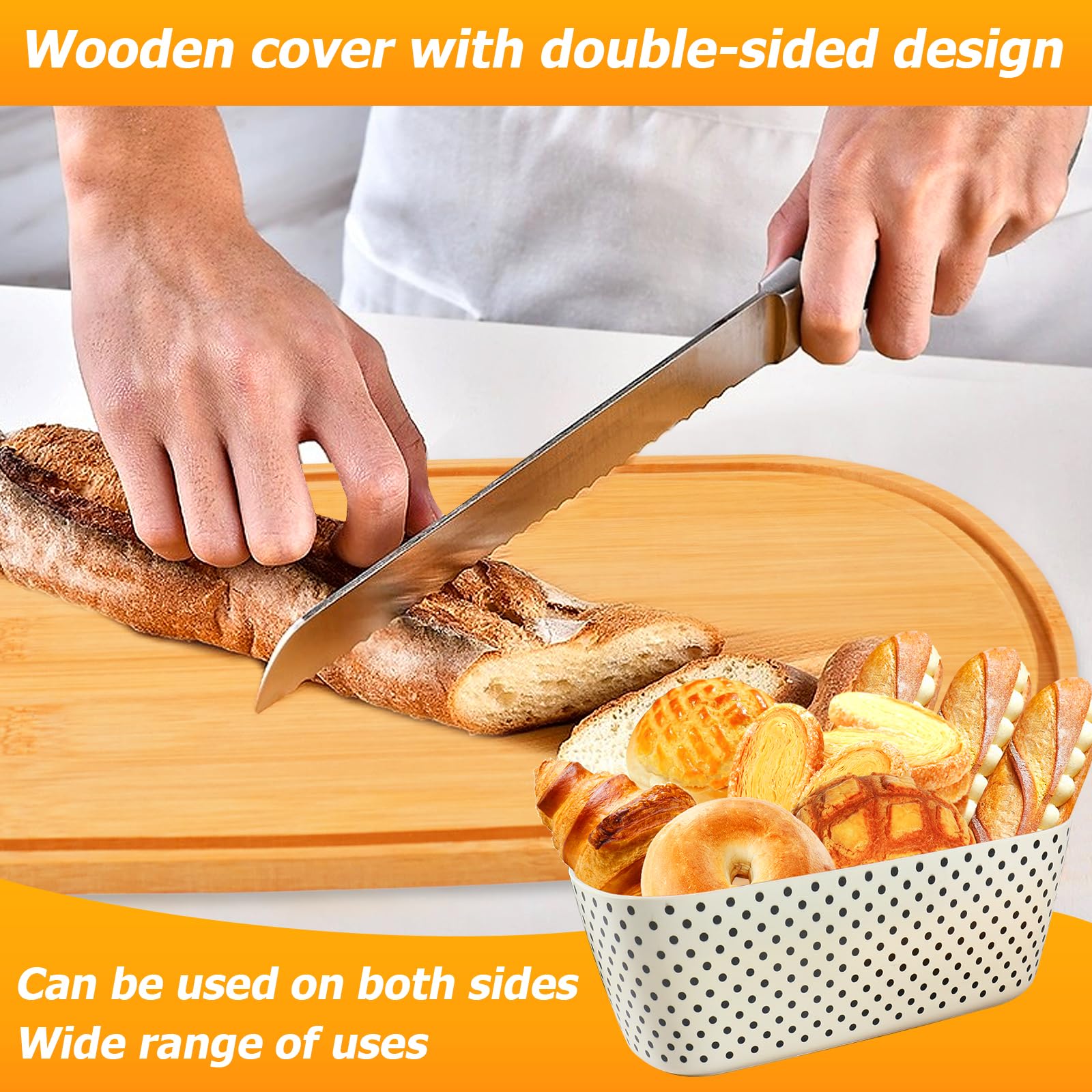 Nomotruc Bamboo Fiber Bread Box with Cutting Board Lid, Polka Dot, 14.4x8.3x4.7 in, Model NMTC-BB01-PT, Kitchen Counter