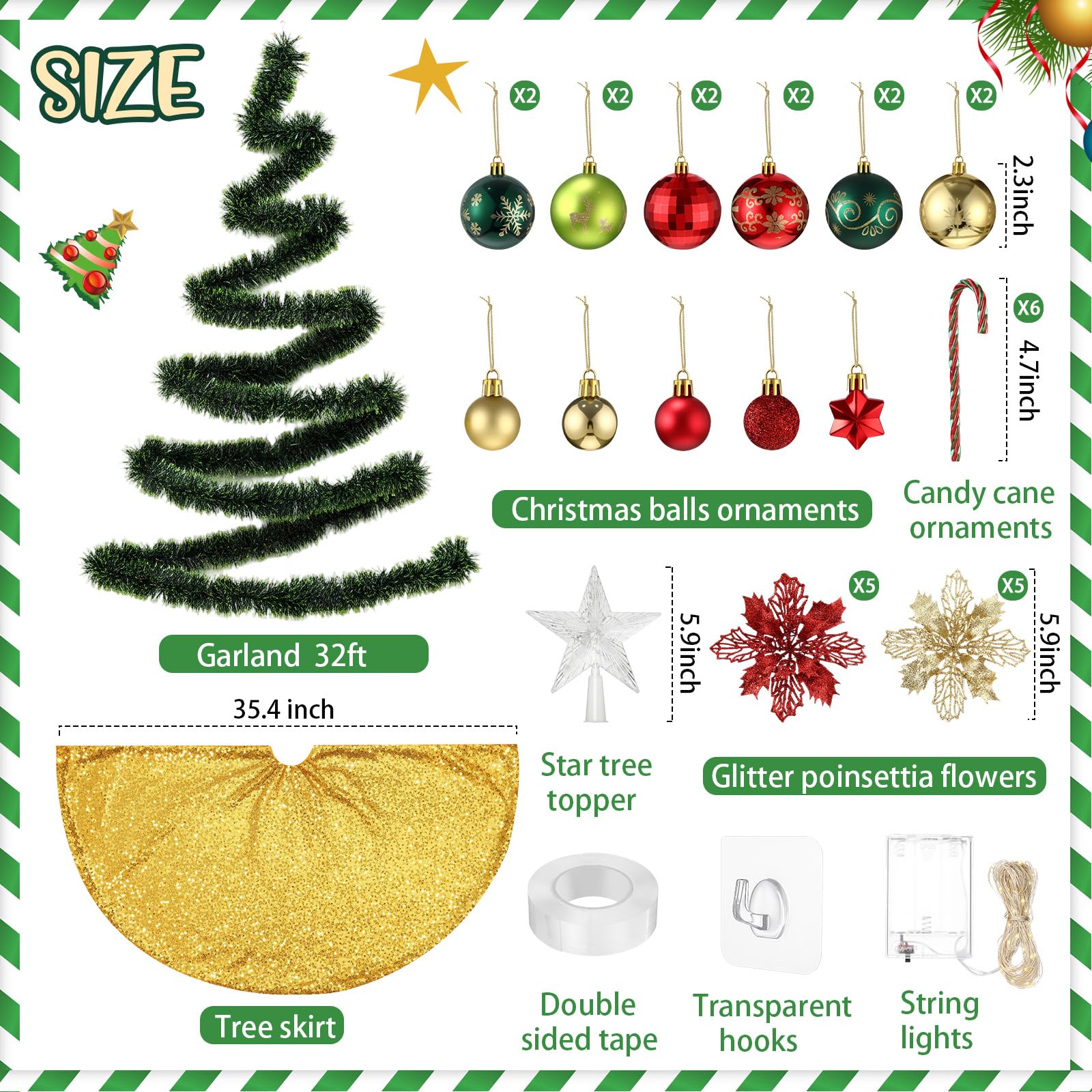 HyDren 91 Pcs DIY Wall Christmas Tree Kits, 66 Ft Xmas Garland Star Topper Tree Skirt Ball Ornaments String Lights Candy Cane Po