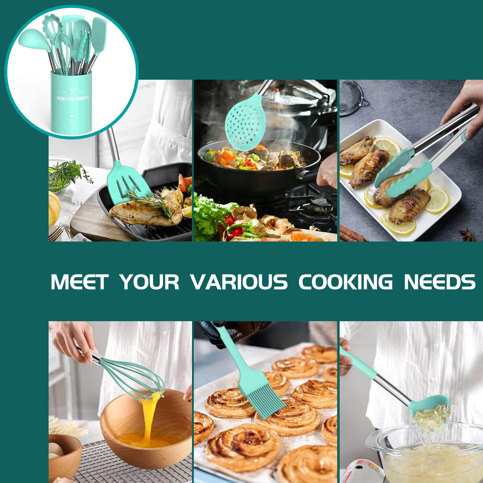 Silicone Cooking Utensil Set, Umite Chef 15Pcs Silicone Cooking Kitchen Utensils Set, Non-Stick - Best Kitchen Cookware With Sta