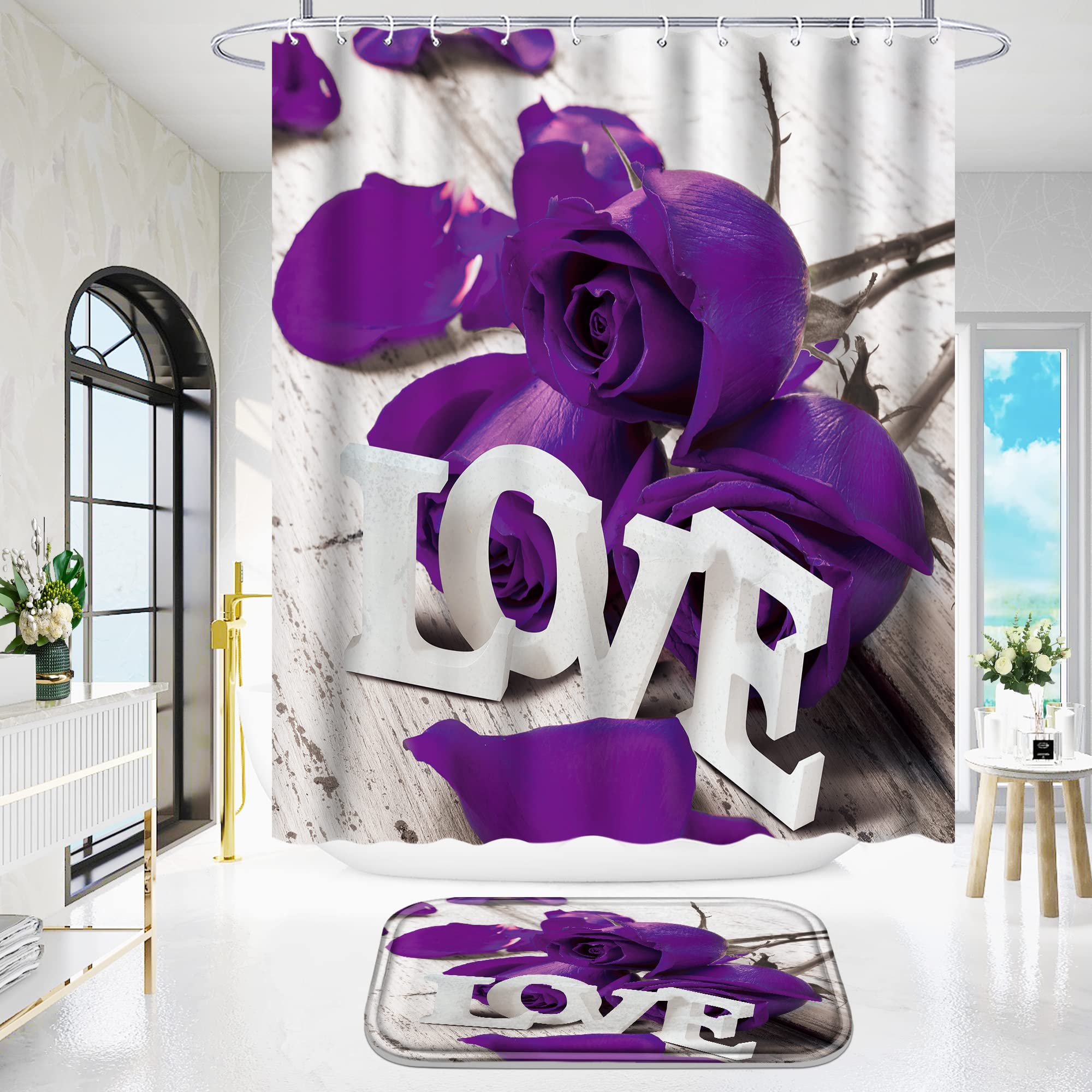 Poedist 4 Pcs Bathroom Shower Curtain Set, Purple Rose Shower Curtain Valentine'S Day Shower Curtain Sets With Rugs(Bath Mat,U S