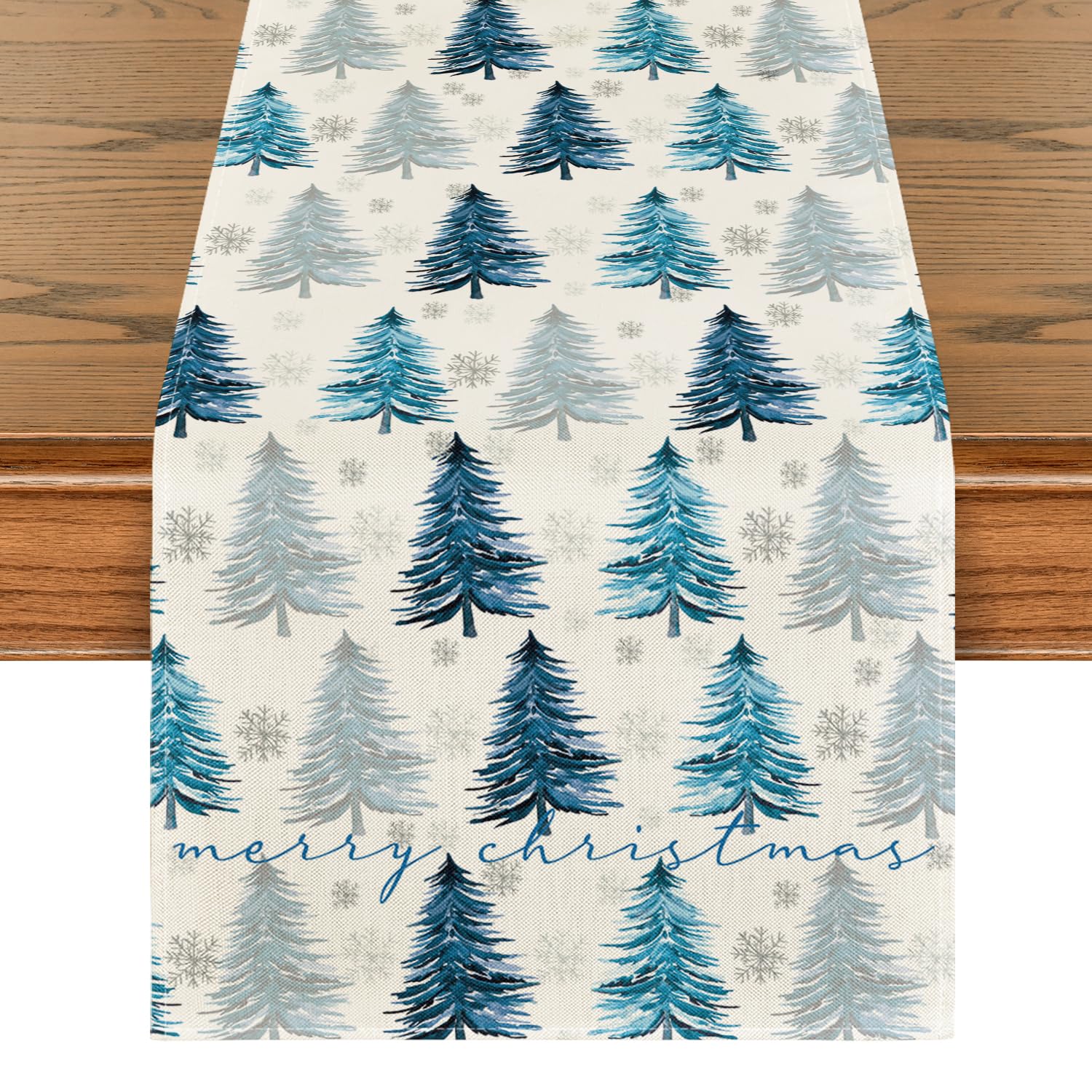 Artoid Mode Xmas Trees Snowflake Christmas Table Runner, Seasonal Winter Blue Kitchen Dining Table Decoration For Home Party Dec