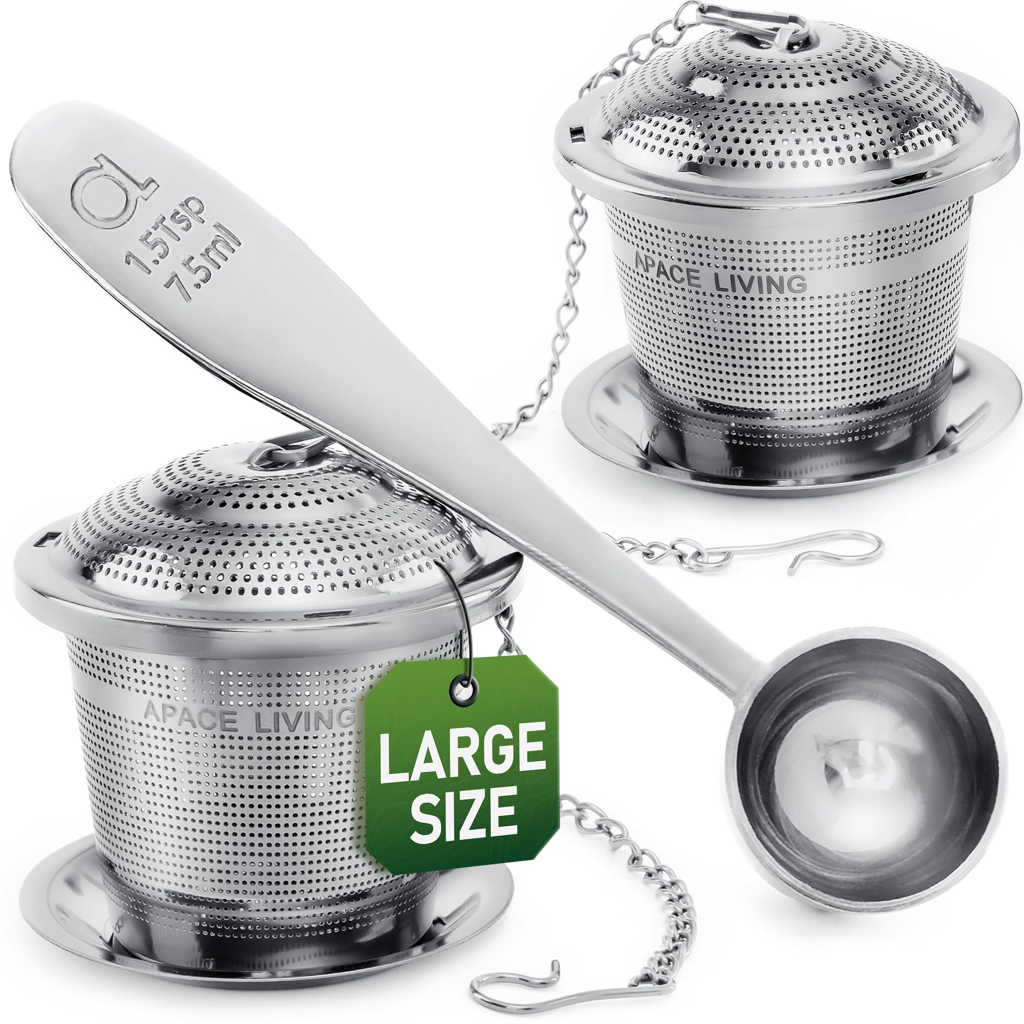 Large Tea Infuser (Set Of 2) With Tea Scoop And Drip Trays By Apace - Multi Cup Size Stainless Steel Loose Leaf Tea Strainer And