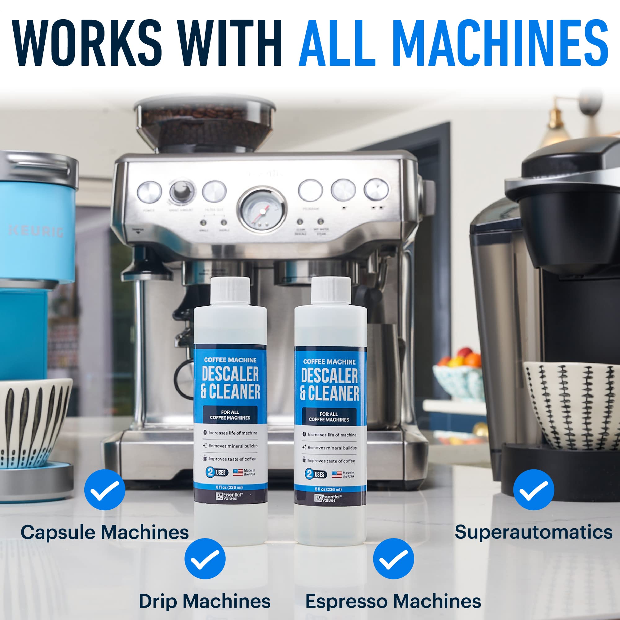 Descaling Solution (8 Uses) Coffee Machine Descaler Cleaner | Compatible with Breville Keurig Nespresso Delonghi & More | Liquid To Descale Automatic Coffee Makers & Espresso Machines