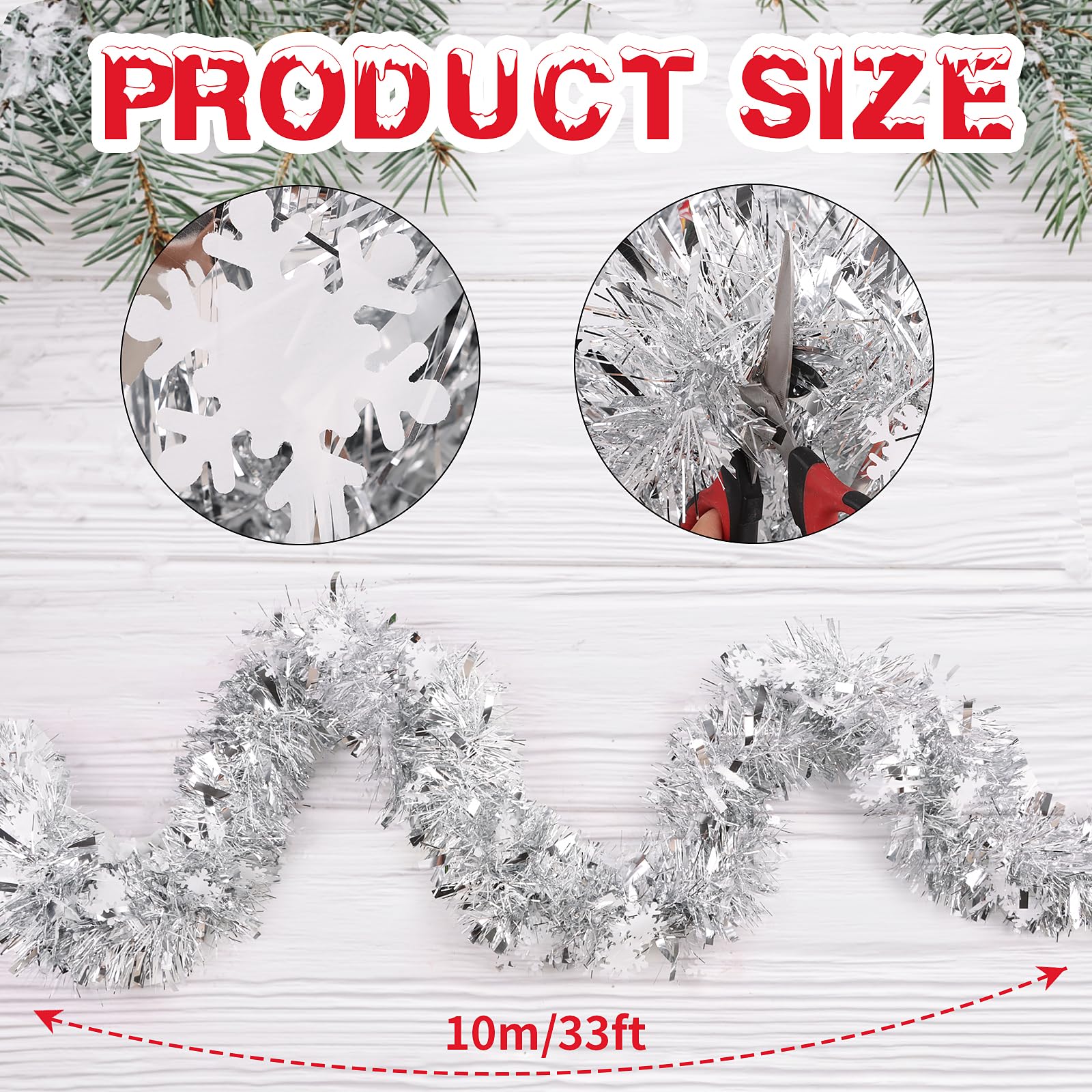 FOIMAS 33 Feet Christmas Tinsel Garland, Metallic Silver Christmas Snowflake Hanging Garland for Xmas Tree Fireplace Home Decora