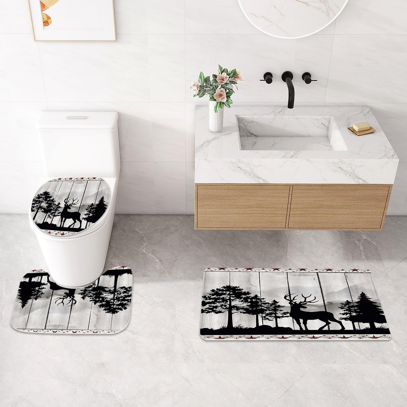 Litabel 4 Pcs Rustic Forest Deer Shower Curtain Set With Non-Slip Rugs, Toilet Lid Cover And Bath Mat, Wooden Country Bathroom D