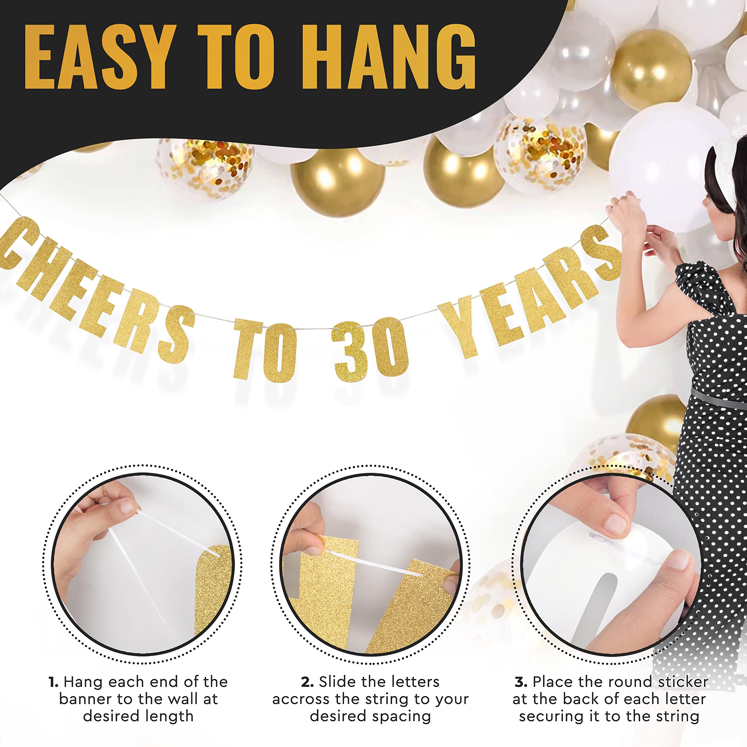 Pre-Strung Cheers To 30 Years Birthday Banner (Gold) - Dirty 30 Birthday Decorations For Him, 30Th Birthday Decor, 30Th Annivers