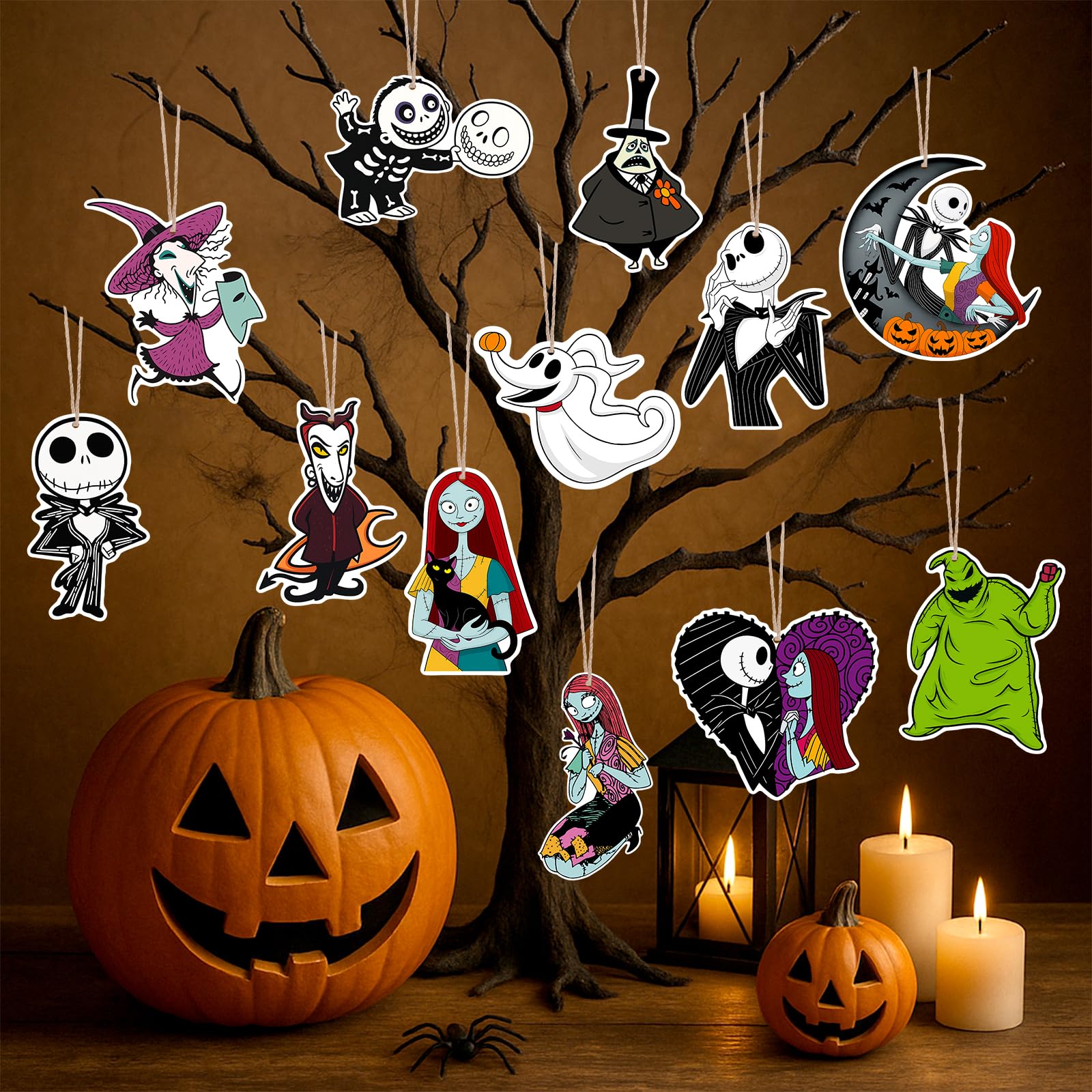 Arosche Halloween Christmas Nightmare Tree Decorations Wooden Hanging Tree Ornaments 24Pcs Happy Halloween Nightmare Themed Wood