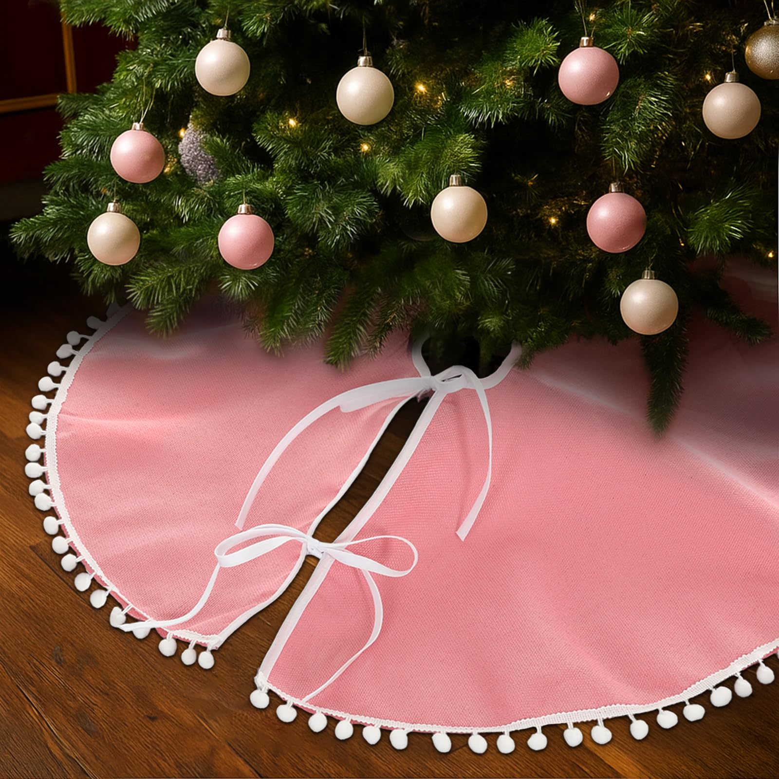 Syhood 30 Inch Christmas Tree Skirt Xmas Pink Linen Burlap Tree Skirt Base Cover with Pom Trim for Xmas Winter Home Decorations 