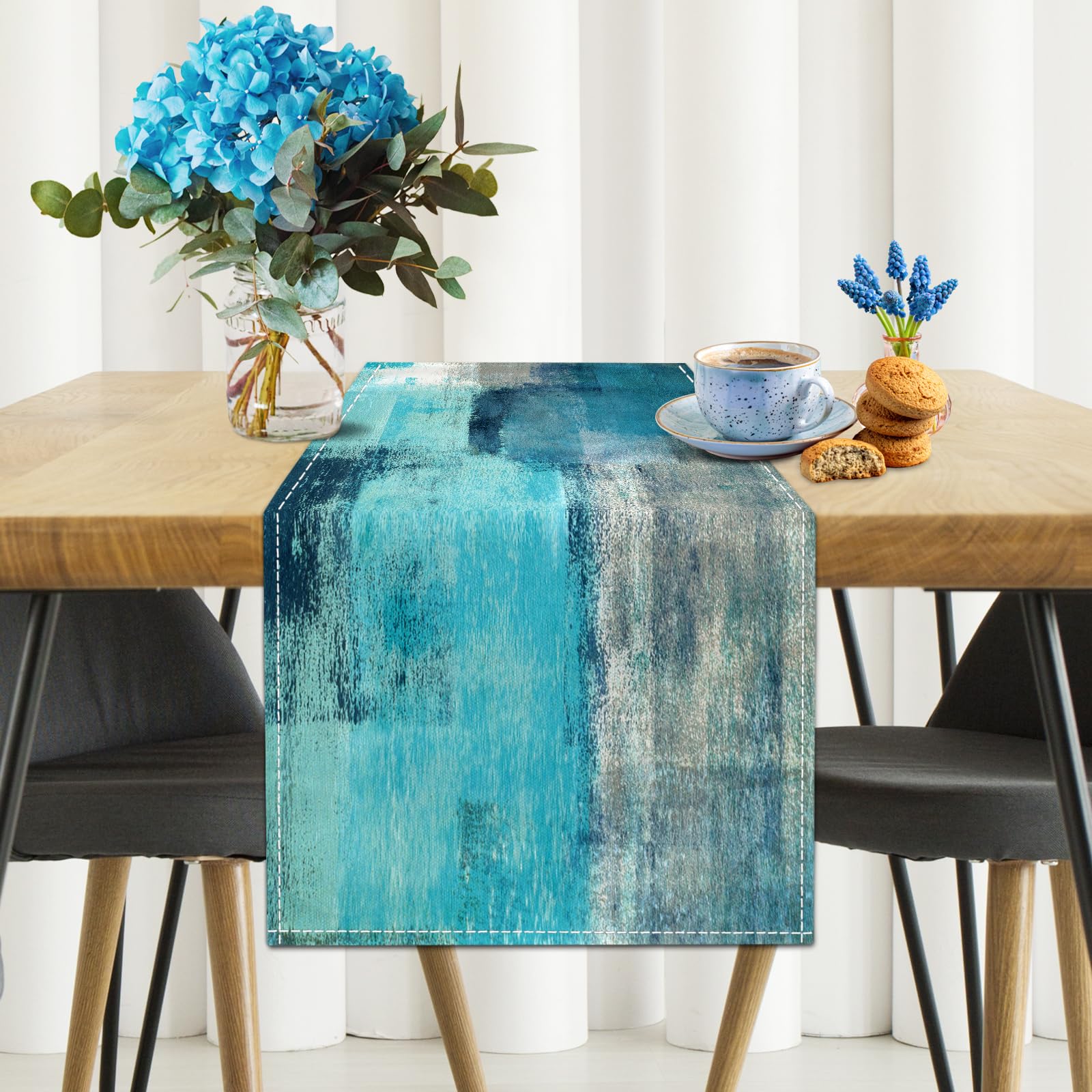 Teal Grey Table Runners Modern Art Farmhouse Linen Table Runners Dresser Scarves Retro Rustic Style for Party Kitchen Dining Tab