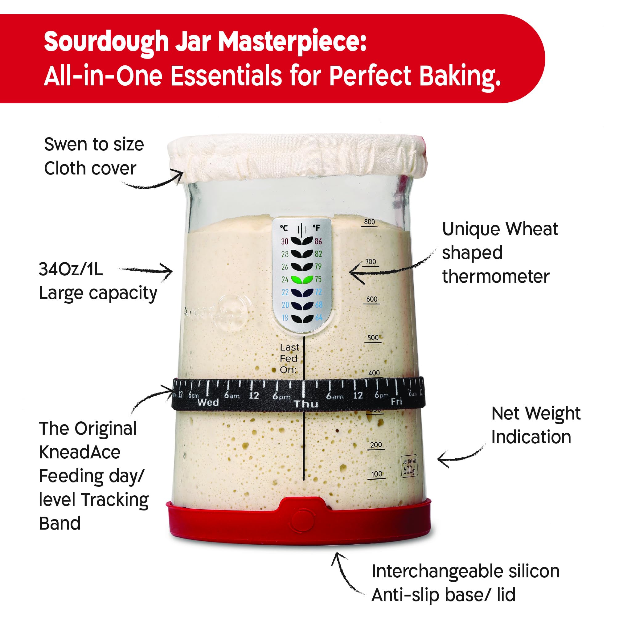 Kneadace Pro Sourdough Bread Starter Kit- 34 Oz Large Capacity Sourdough Starter Jar With 5 Unique Features For The Perfect Sour