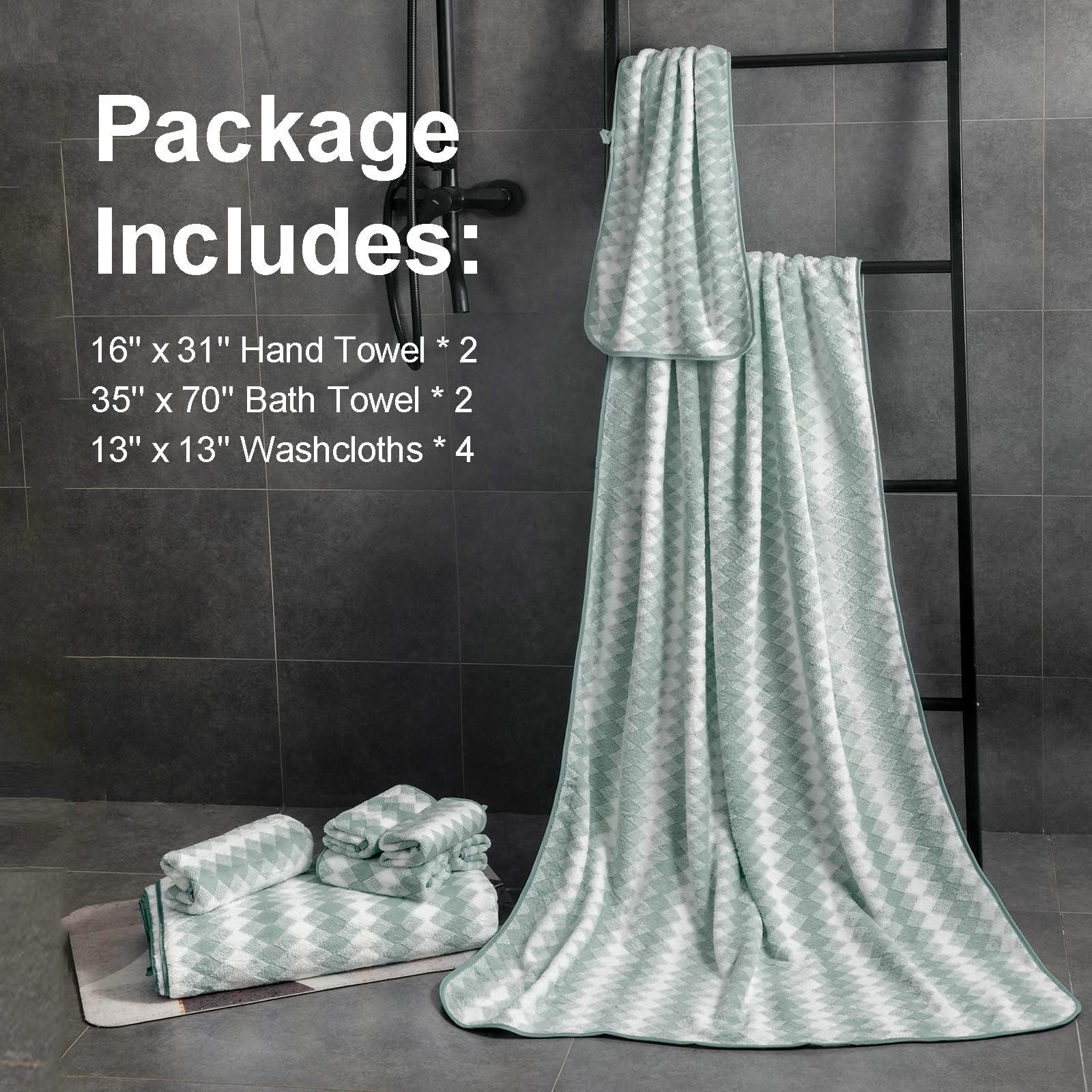 8 Piece Bathroom Towel Set Green |2 Oversized Large Bath Towels Sheet,2 Hand Towels And 4 Washcloths| 600Gsm Ultra Soft Luxury P