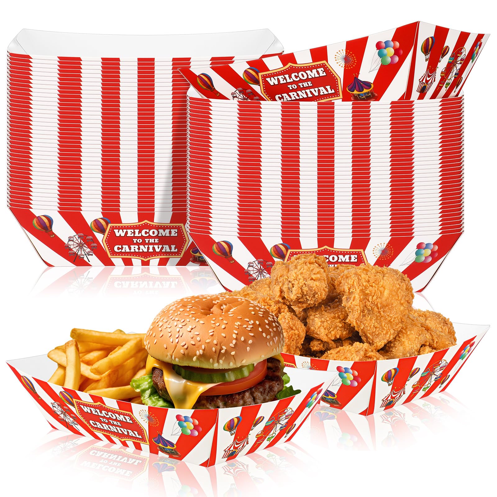 Tenceur 50 Pcs 2lb Carnival Food Trays Carnival Party Decorations Disposable Paper Food Serving Trays Nacho Hot Dog Boats Plates