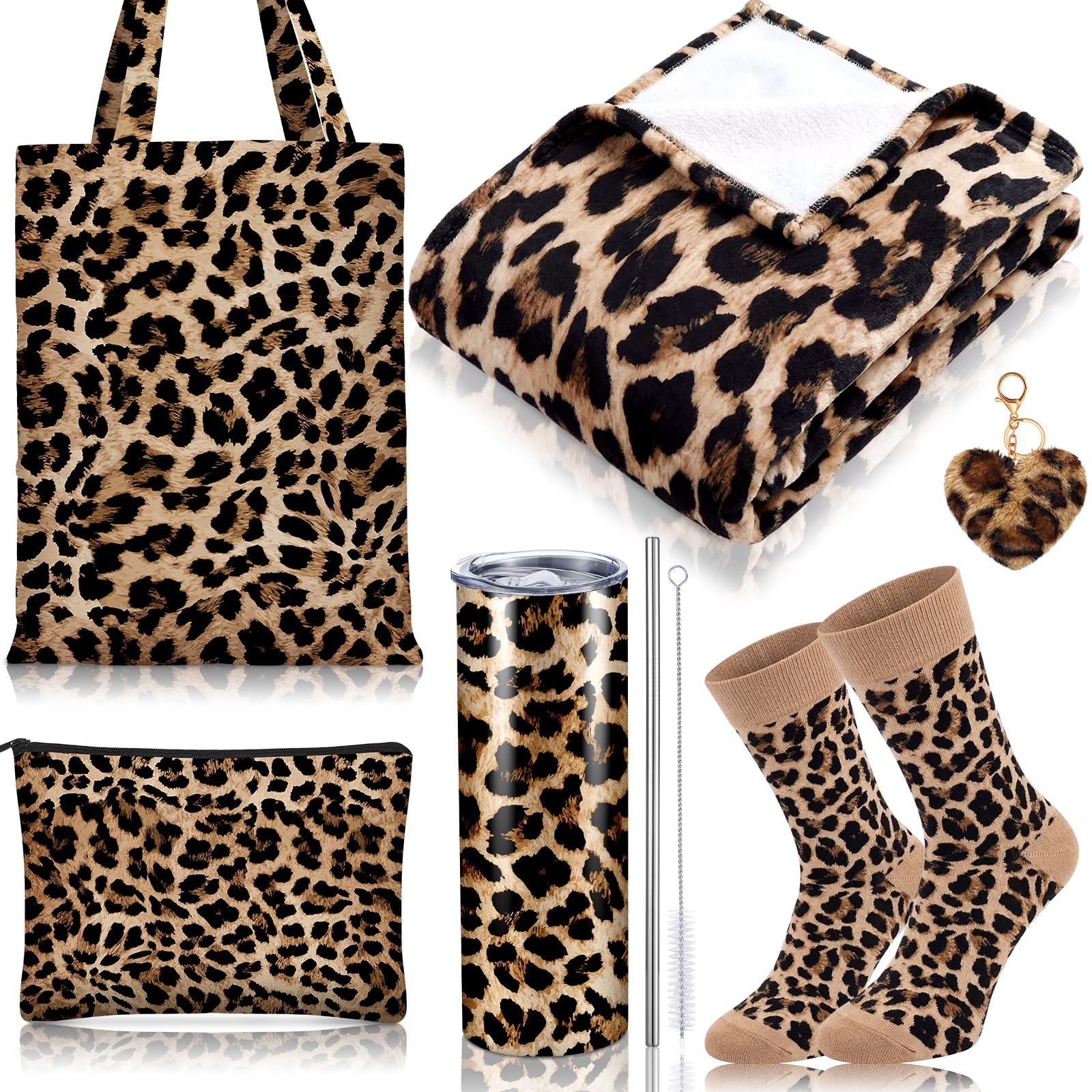 Tiangrid 6 Pcs Leopard Gifts for Women Include 20 oz Stainless Steel Tumbler with Lid and Straw Cosmetic Bag Throw Blanket Keych