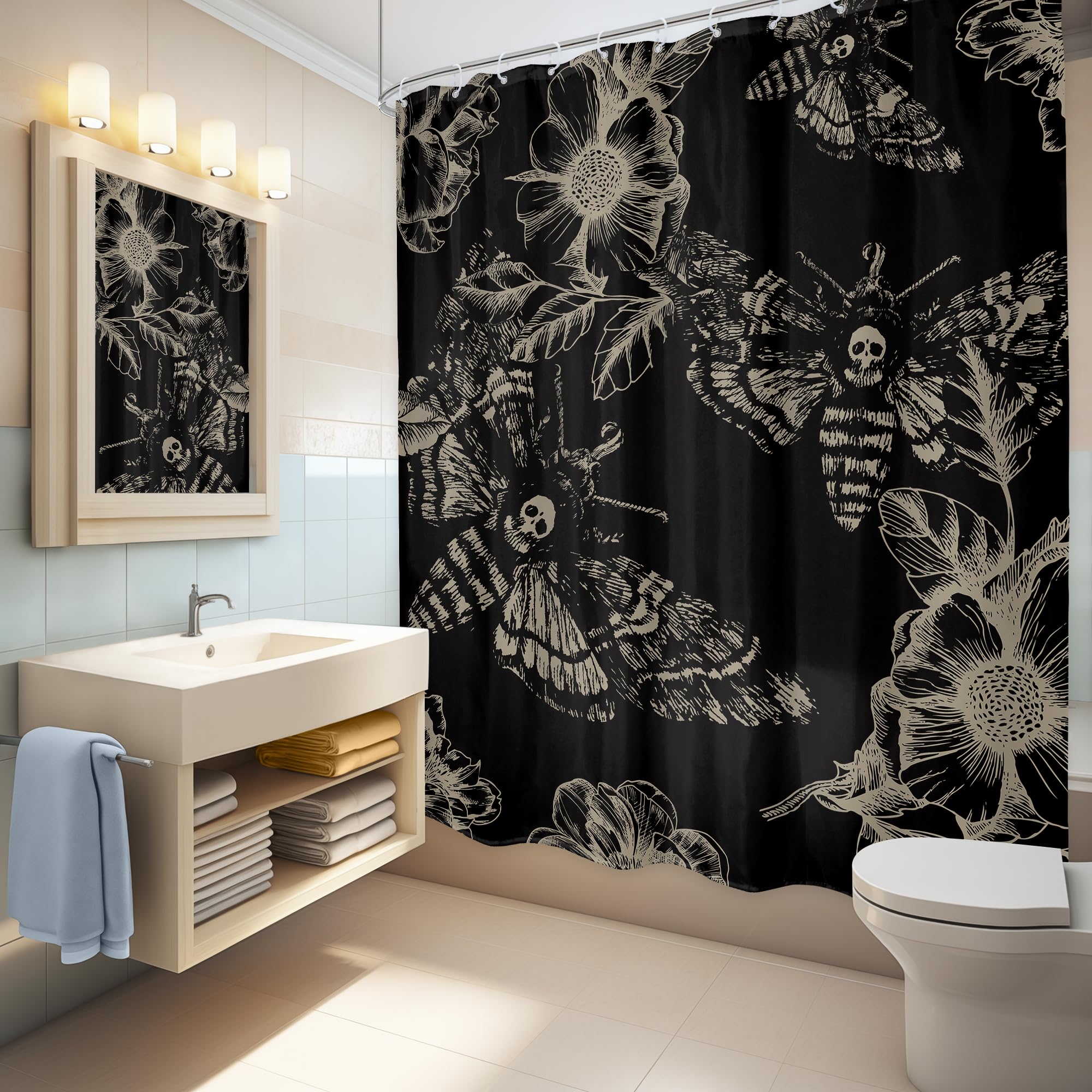 Lghtyro Gothic Skull Moth Shower Curtain Bathroom Set 60Wx71H Inches Witchy Scary Black Flower Death Head Botany Leaves Mysterio