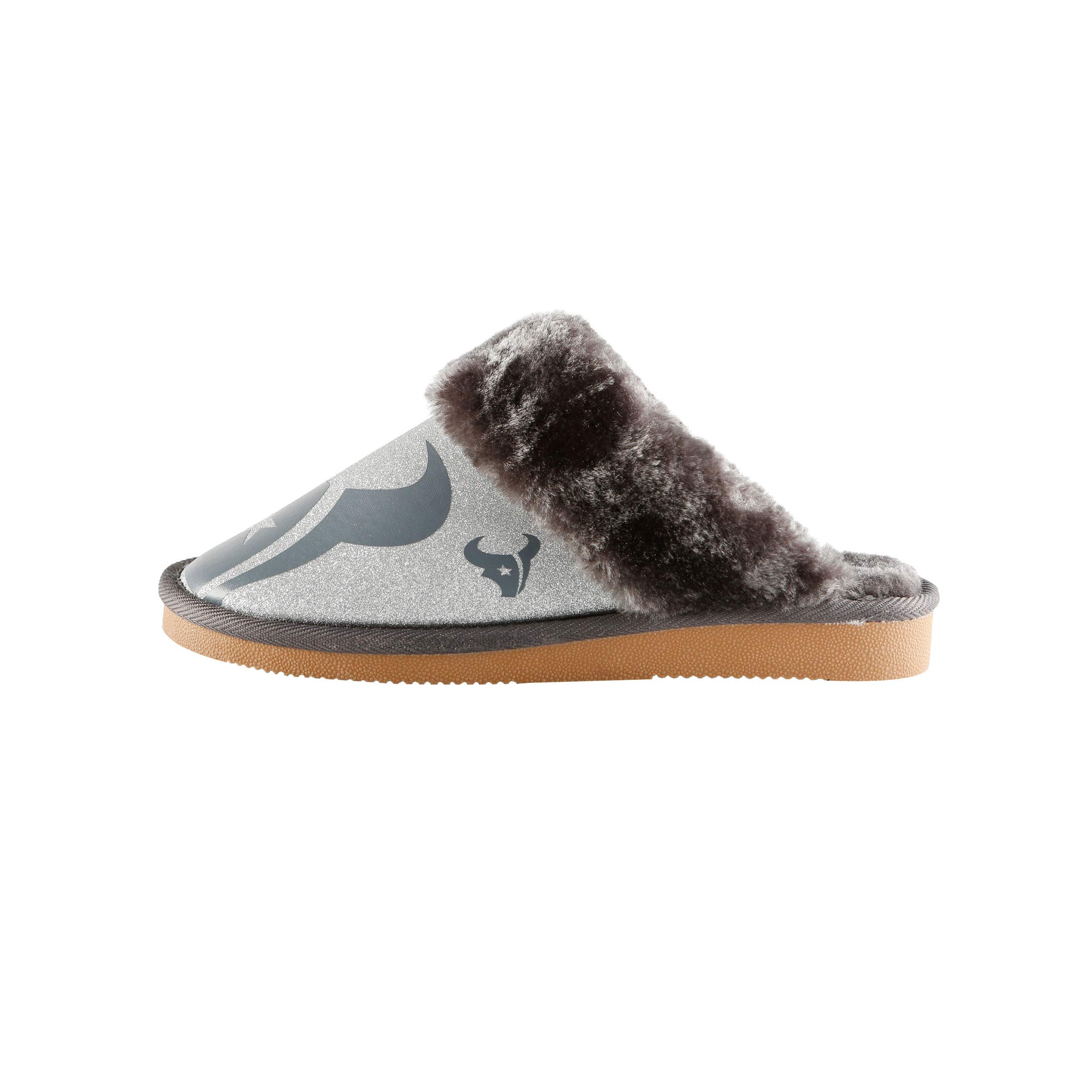 Houston Texans Nfl Womens Glitter Open Back Faux Fur Moccasin - Xl (11-12)