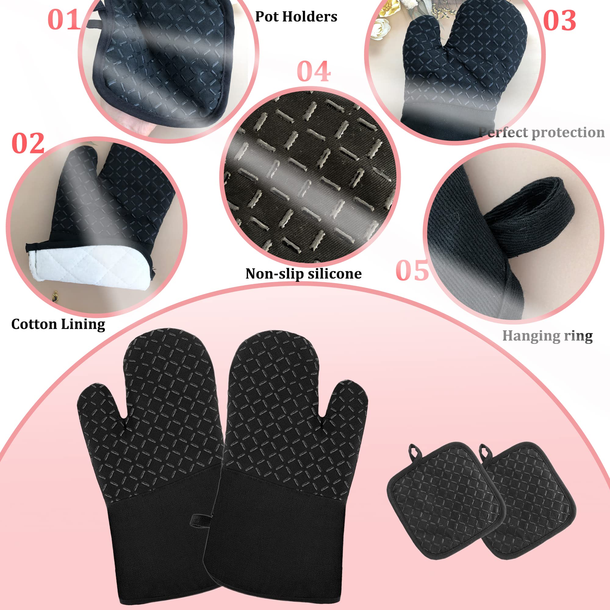 4 Pcs Oven Mitts And Pot Holders,Oven Glove High Heat Resistant 500 Degree,Long Oven Mitts With Recycled Cotton Infill And Silic