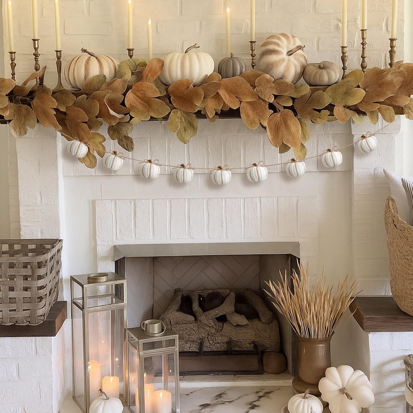 Mindsoft 8.2 ft Fall White Knit Pumpkin Garland Decor Halloween Faux Fall Harvest Crochet Pumpkins Banner Pre Assembled Hanging